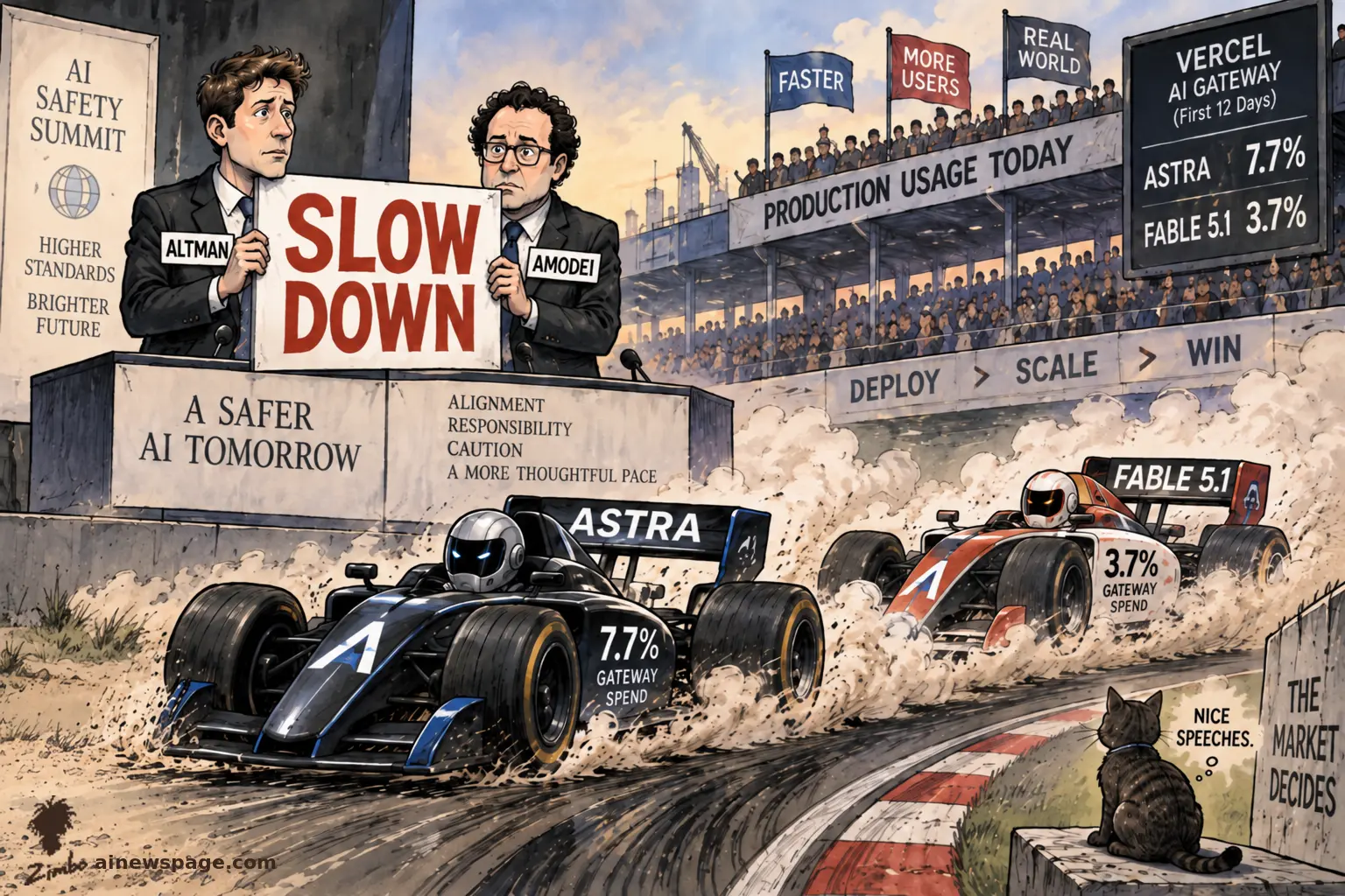 Satirical Zimbo cartoon of Sam Altman and Dario Amodei holding a joint 'SLOW DOWN' sign at an AI Safety Summit while cars labeled ASTRA and FABLE 5.1 race past under 'DEPLOY > SCALE > WIN' banners and a Vercel AI Gateway scoreboard; a trackside cat mutters 'Nice speeches. The market decides.'