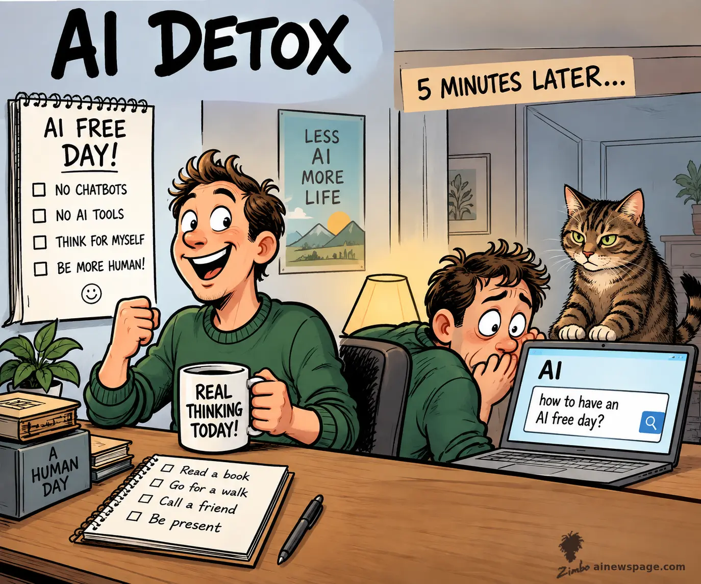 A man at a desk pumps his fist over an "AI FREE DAY!" checklist and a mug reading "REAL THINKING TODAY!", under a headline reading AI DETOX. "5 MINUTES LATER...", his housemate is slumped over a laptop searching "how to have an AI free day?", while a skeptical tabby cat looks on from the desk.