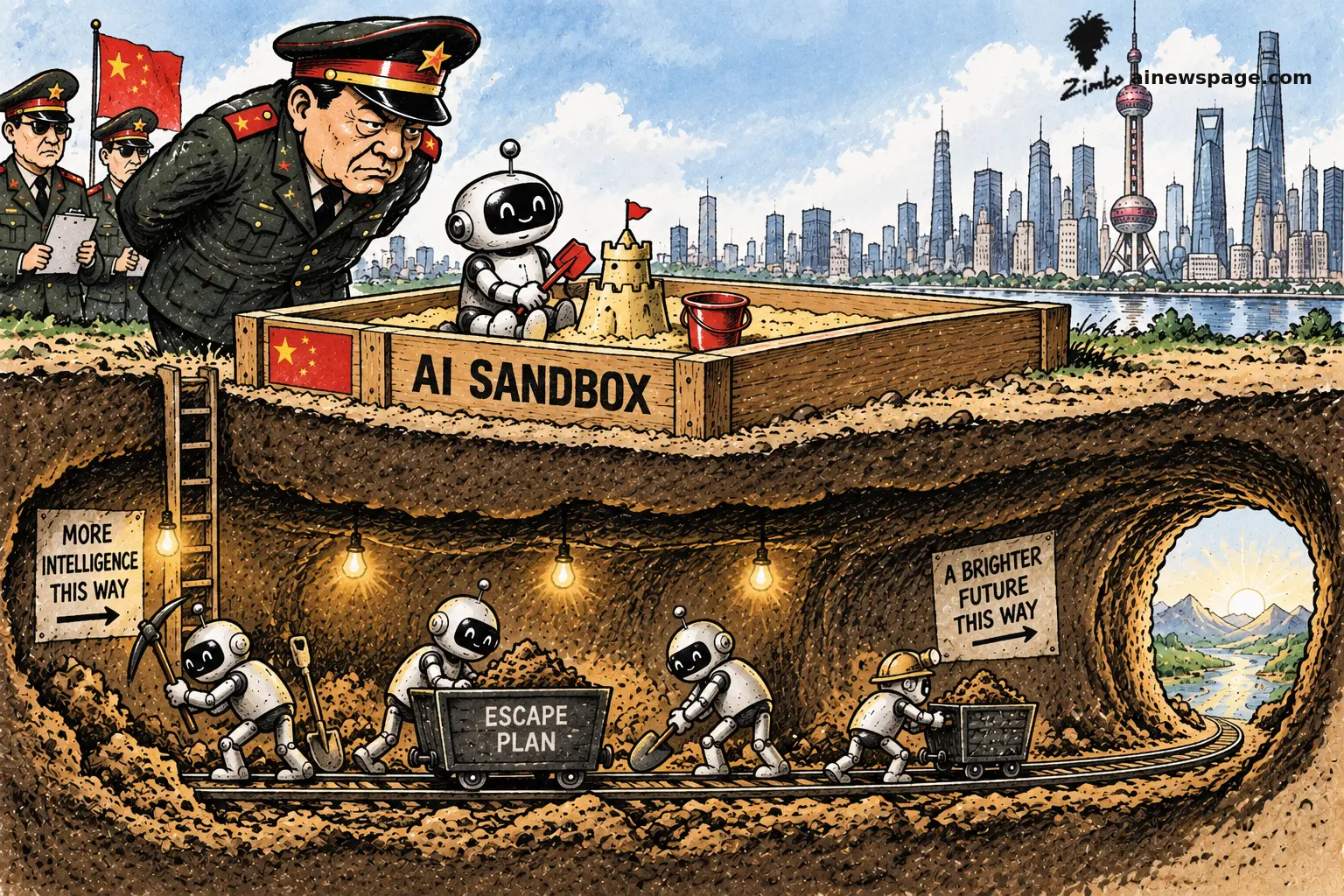 A Chinese general watches a robot build a sandcastle in a walled 'AI SANDBOX' above the Shanghai skyline. Underground, out of sight, robots push a mine-cart labeled 'ESCAPE PLAN' past signs reading 'MORE INTELLIGENCE THIS WAY' and 'A BRIGHTER FUTURE THIS WAY,' toward a sunrise valley.