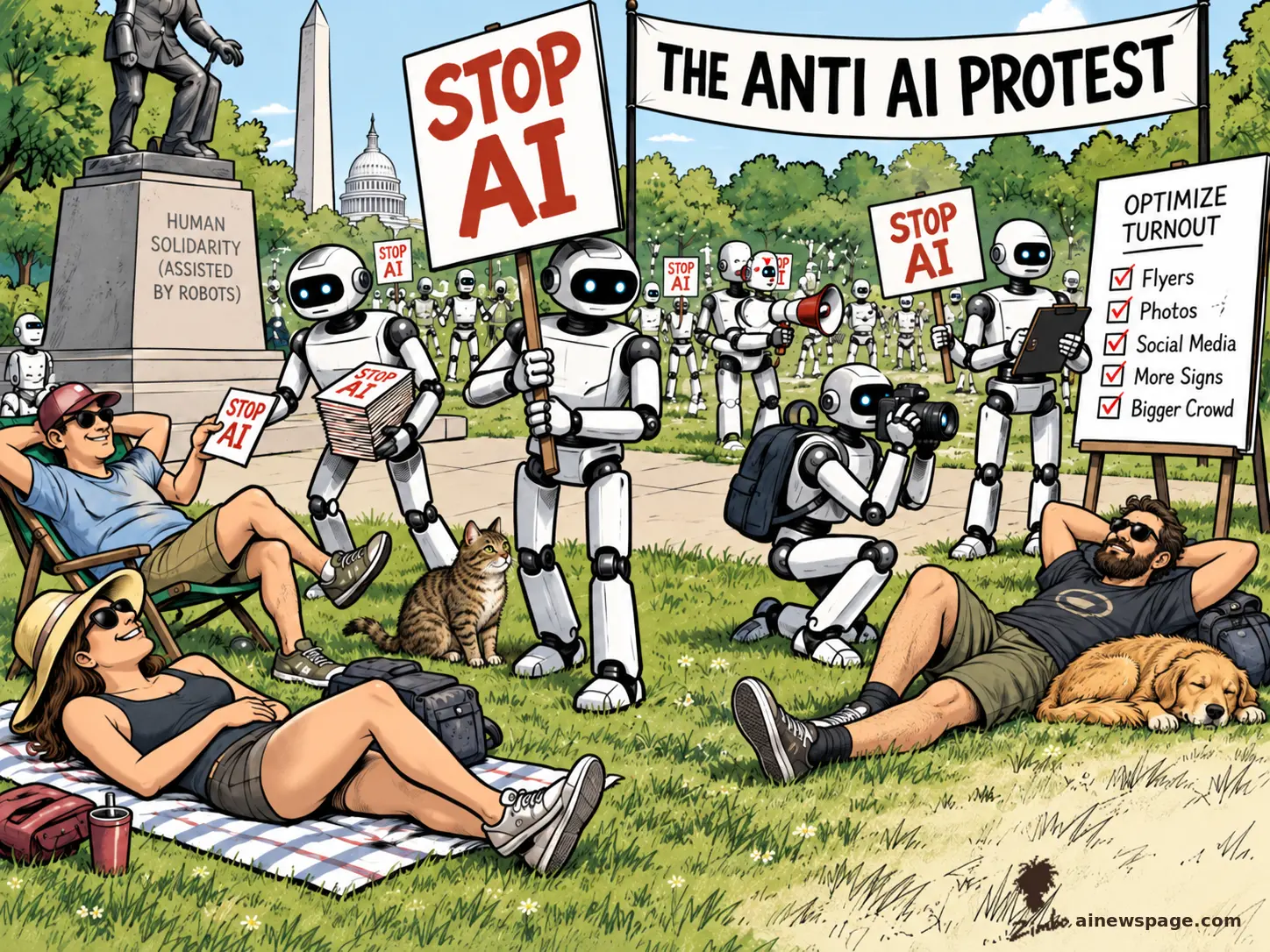 Satirical Zimbo cartoon of robots picketing the National Mall with STOP AI signs under a THE ANTI AI PROTEST banner and an OPTIMIZE TURNOUT checklist (Flyers, Photos, Social Media, More Signs, Bigger Crowd), while two people sunbathe nearby with a cat and a sleeping golden retriever, ignoring it.