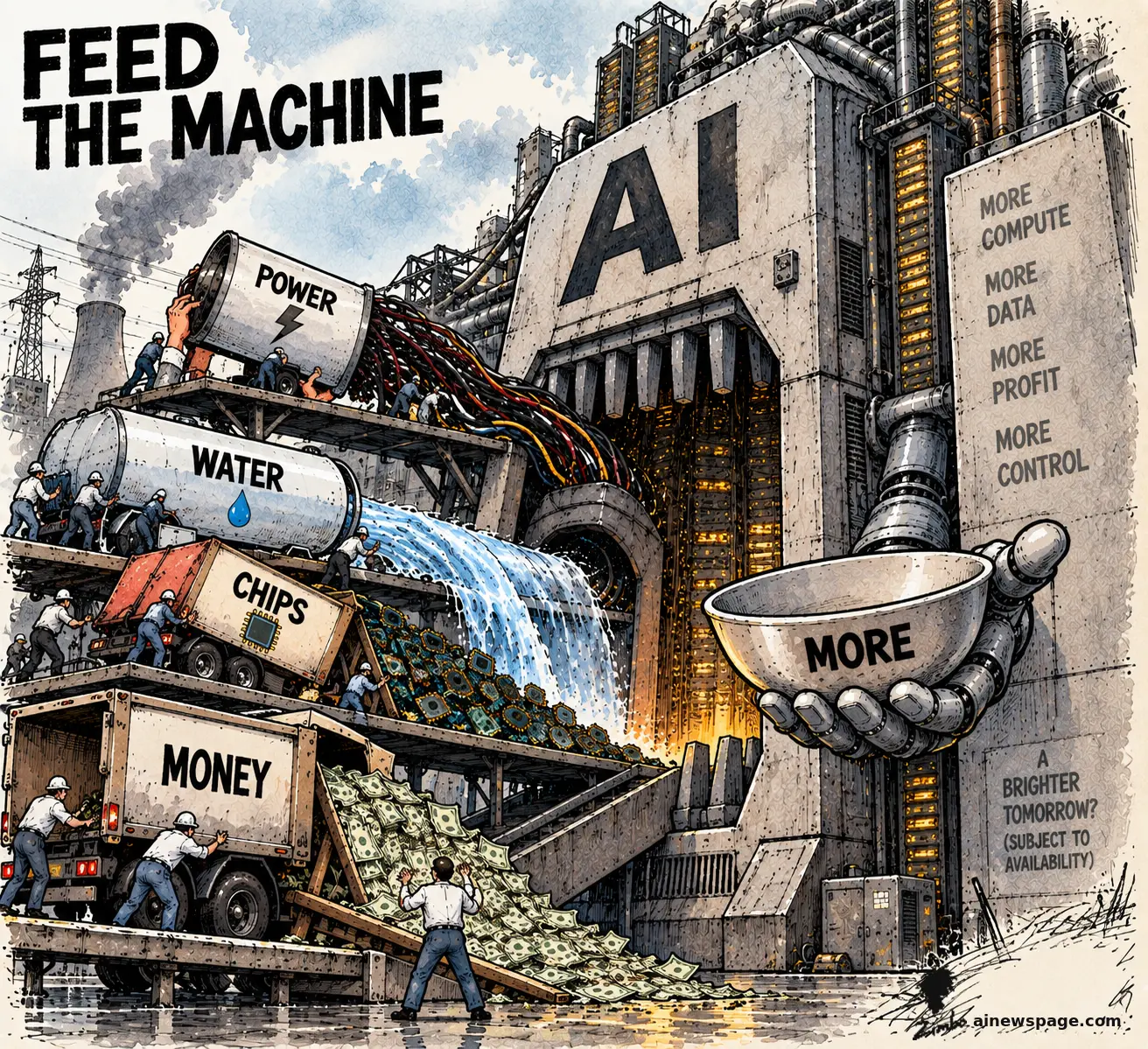 A vast factory labeled "AI" under a "FEED THE MACHINE" headline is fed barrels of POWER and WATER, a truckload of CHIPS, and a dump truck of MONEY, while a mechanical claw hands back a bowl reading "MORE" beside a list: MORE COMPUTE, MORE DATA, MORE PROFIT, MORE CONTROL.