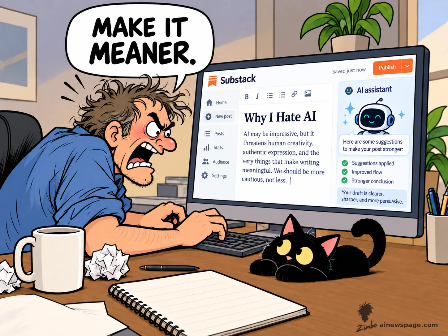 A disheveled writer shouts "MAKE IT MEANER" while typing a Substack post titled "Why I Hate AI," as the platform's own AI assistant panel offers to sharpen the draft ("Suggestions applied," "Improved flow," "Stronger conclusion"); a skeptical black cat watches from the desk.