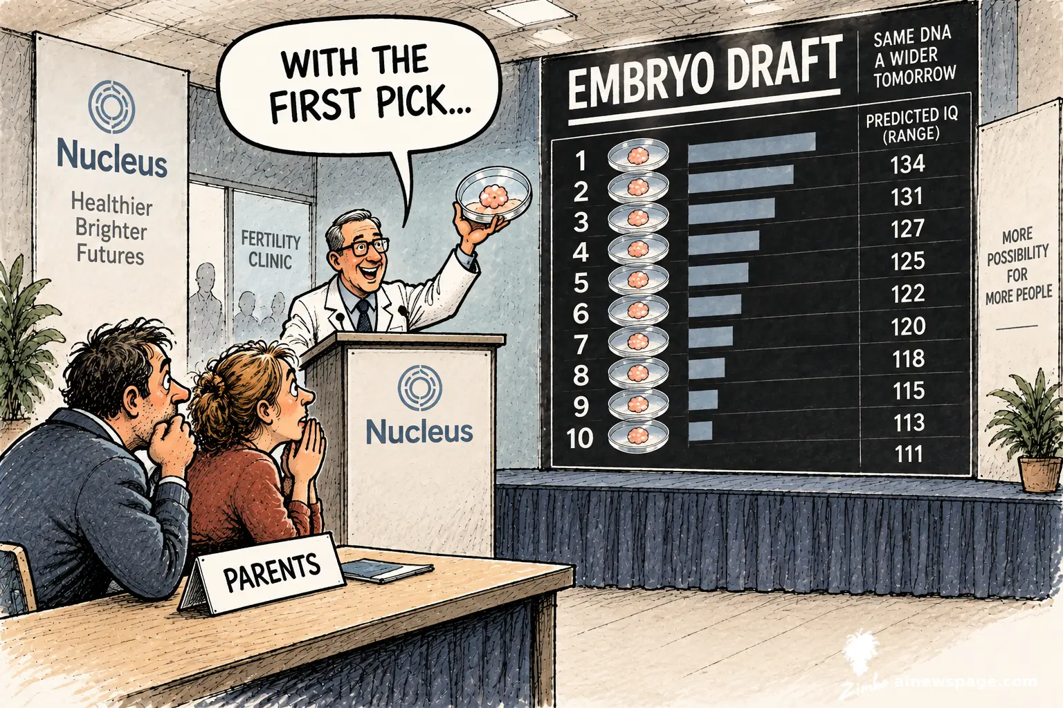 Satirical Zimbo cartoon of a Nucleus Genomics presenter at a fertility-clinic podium holding up a petri dish and announcing 'WITH THE FIRST PICK...' before an 'EMBRYO DRAFT' leaderboard ranking ten embryos by predicted IQ, while two anxious parents watch from a table labeled 'PARENTS.'