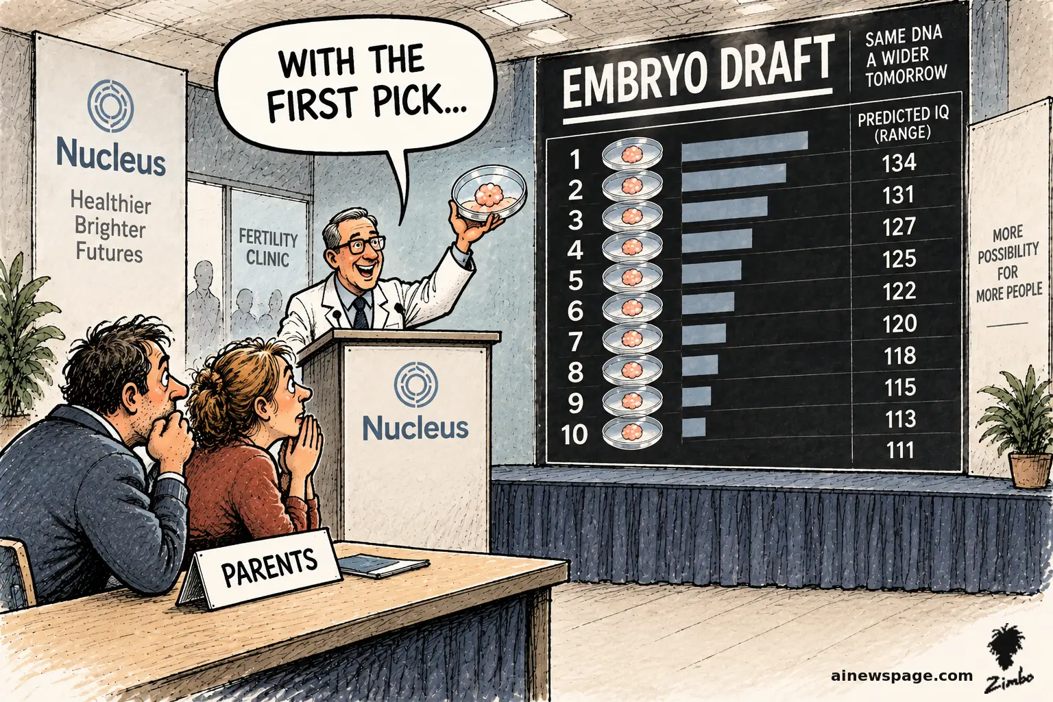 Satirical Zimbo cartoon of a Nucleus Genomics presenter at a fertility-clinic podium holding up a petri dish and announcing 'WITH THE FIRST PICK...' before an 'EMBRYO DRAFT' leaderboard ranking ten embryos by predicted IQ, while two anxious parents watch from a table labeled 'PARENTS.'