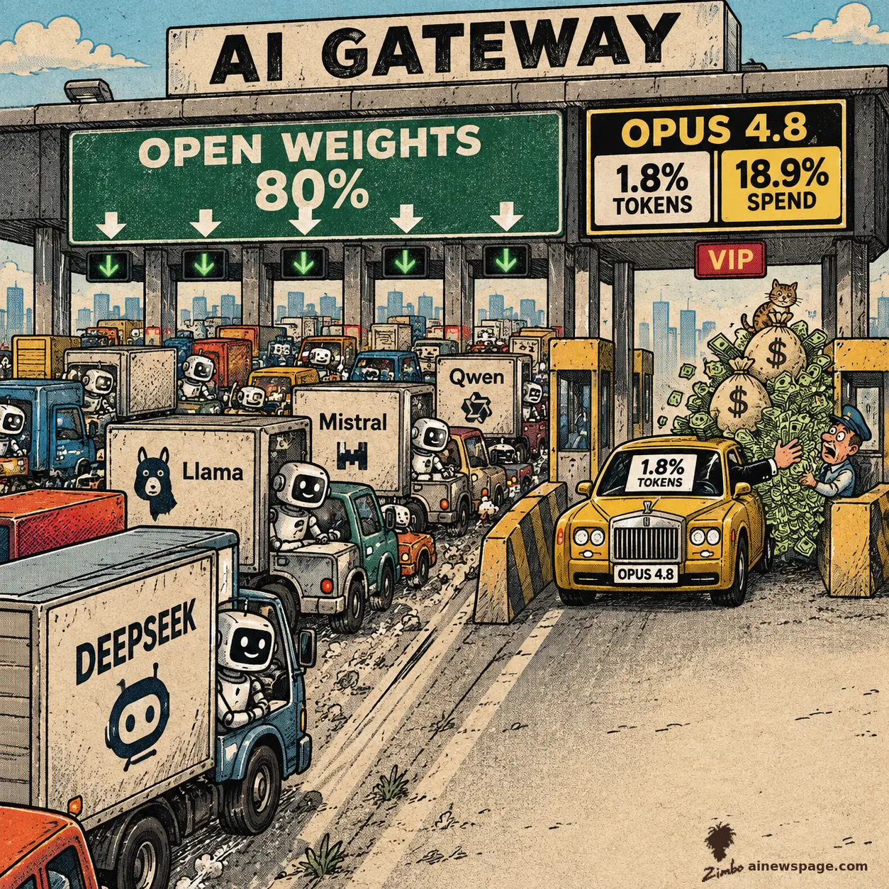 An "AI GATEWAY" tollbooth cartoon. Robot-driven trucks labeled Llama, Mistral, Qwen, and DeepSeek jam a lane under "OPEN WEIGHTS 80%," while a yellow Rolls-Royce labeled "OPUS 4.8, 1.8% TOKENS" breezes through a VIP lane marked "18.9% SPEND," flinging cash as a cat rides the money.