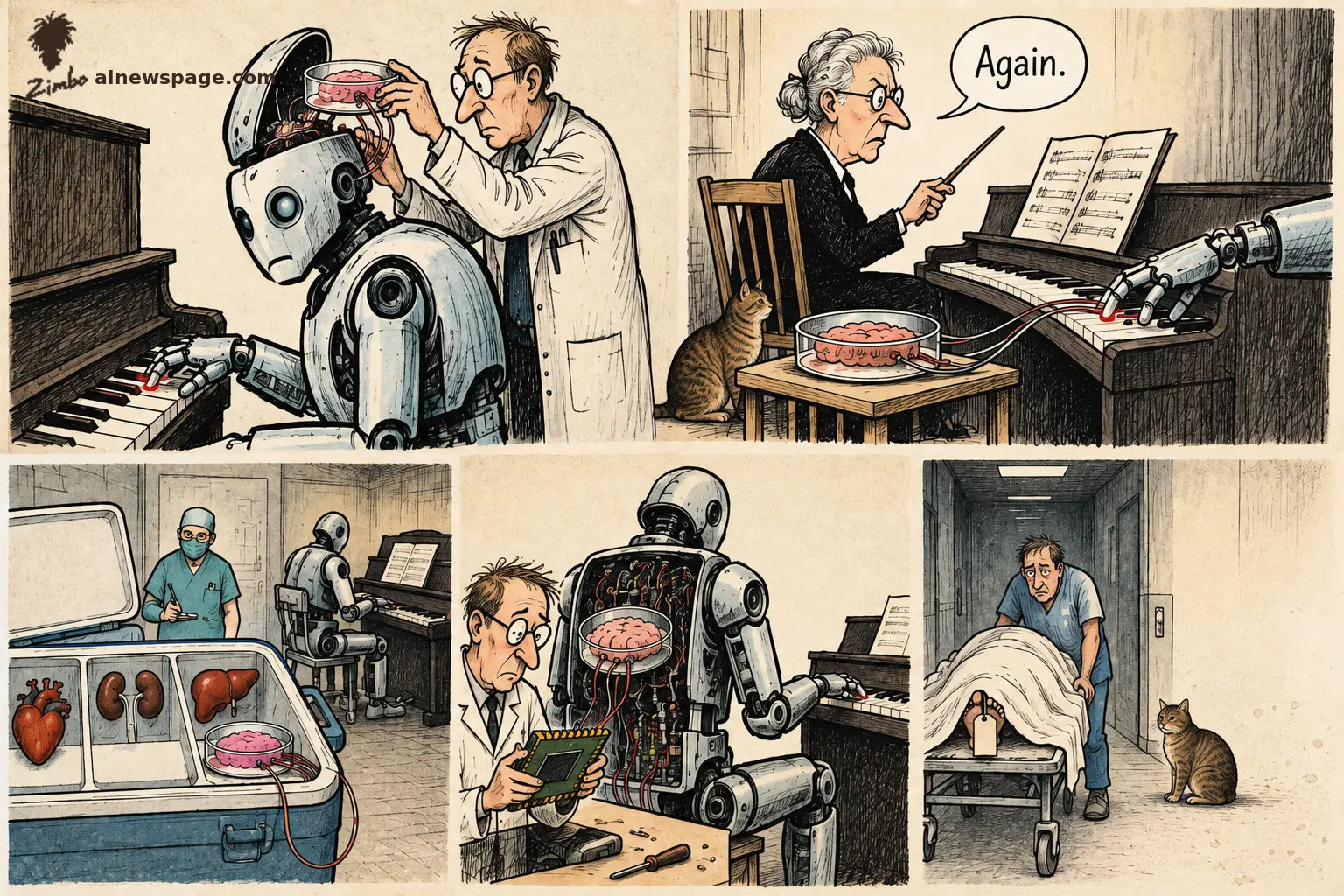 Five-panel Zimbo cartoon: a doctor implants a dish-grown brain into a robot at a piano; a stern conductor snaps "Again." as a brain in a bowl drives the keys; an organ cooler stores a heart, kidneys, and a spare brain; and an orderly wheels a tagged, sheet-covered body past, a cat trailing.