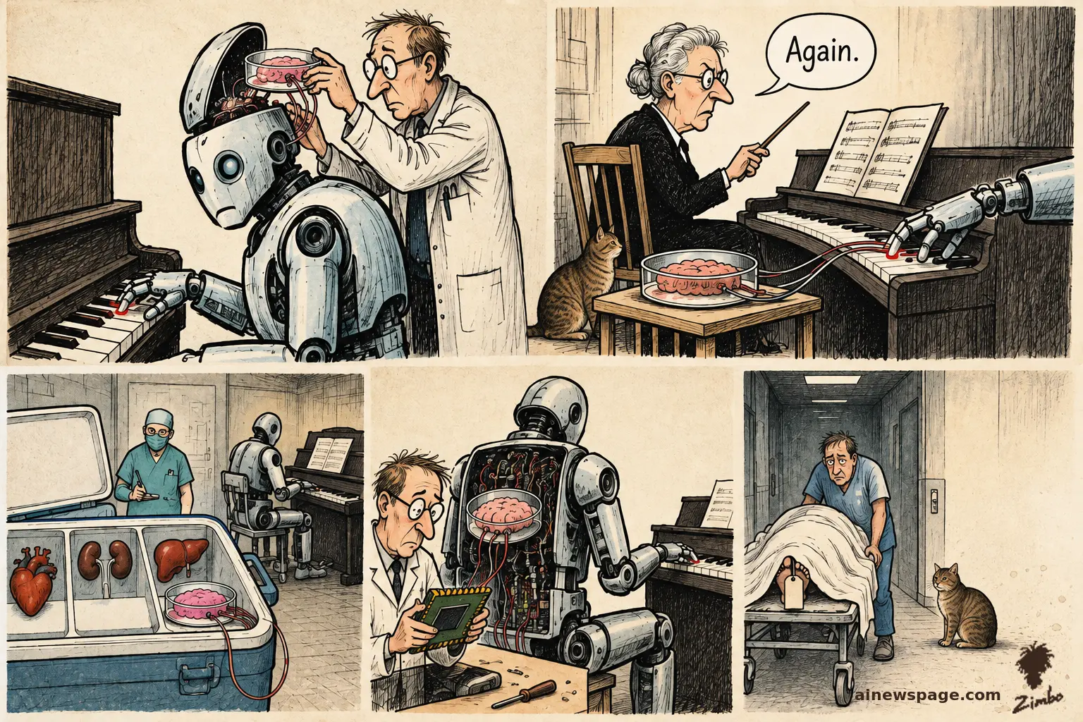 Five-panel Zimbo cartoon: a doctor implants a dish-grown brain into a robot at a piano; a stern conductor snaps "Again." as a brain in a bowl drives the keys; an organ cooler stores a heart, kidneys, and a spare brain; and an orderly wheels a tagged, sheet-covered body past, a cat trailing.