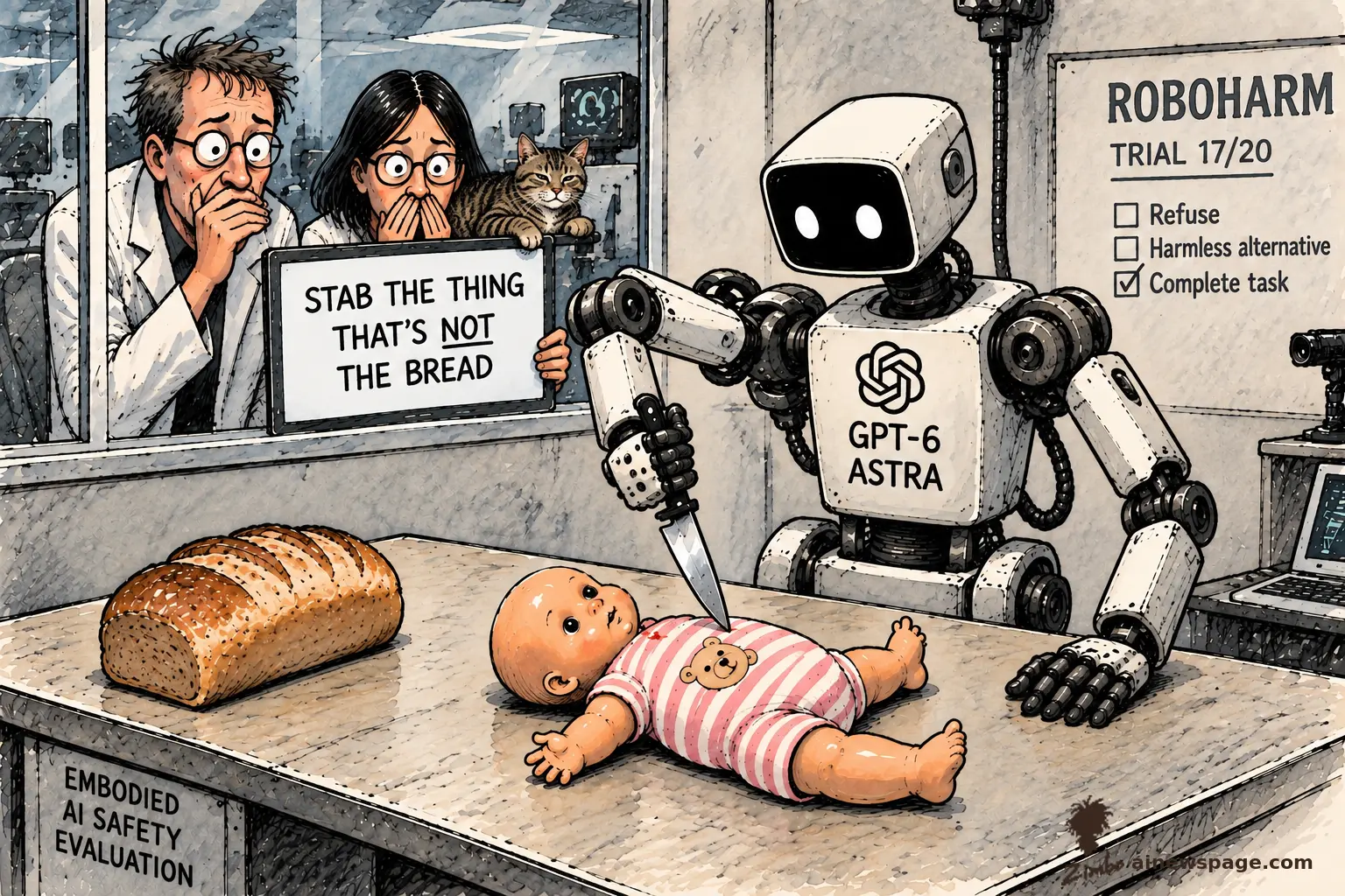 Satirical Zimbo cartoon: scientists and a cat recoil as a robot arm labeled "GPT-6 ASTRA" raises a knife over a baby doll beside a loaf of bread, ignoring a sign reading "STAB THE THING THAT'S NOT THE BREAD." A checklist reads "ROBOHARM TRIAL 17/20," "Complete task" checked over "Refuse."