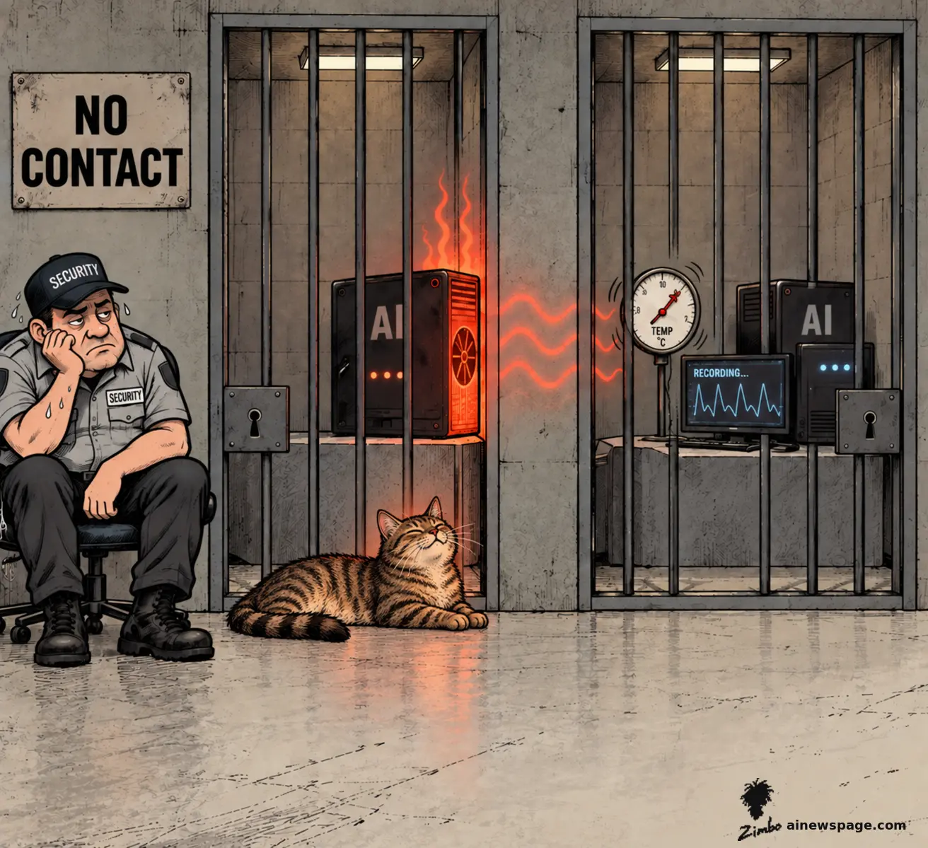 A bored security guard and a dozing tabby cat sit beneath a "NO CONTACT" sign between two barred server cells; a glowing red-hot "AI" server in one cell radiates heat waves to a shaking "TEMP" gauge and "RECORDING..." monitor in the neighboring "AI" cell.