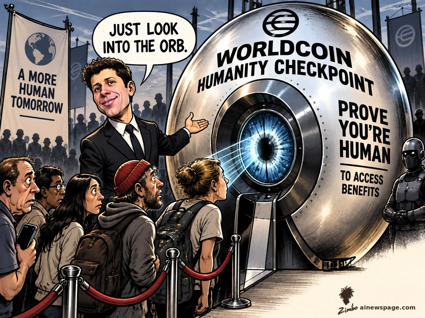 A caricature Sam Altman gestures beside a giant chrome Worldcoin orb reading "WORLDCOIN HUMANITY CHECKPOINT / PROVE YOU'RE HUMAN," saying "JUST LOOK INTO THE ORB," as wary people wait behind a velvet rope while the orb's beam scans a woman's eye, under a banner reading "A MORE HUMAN TOMORROW."
