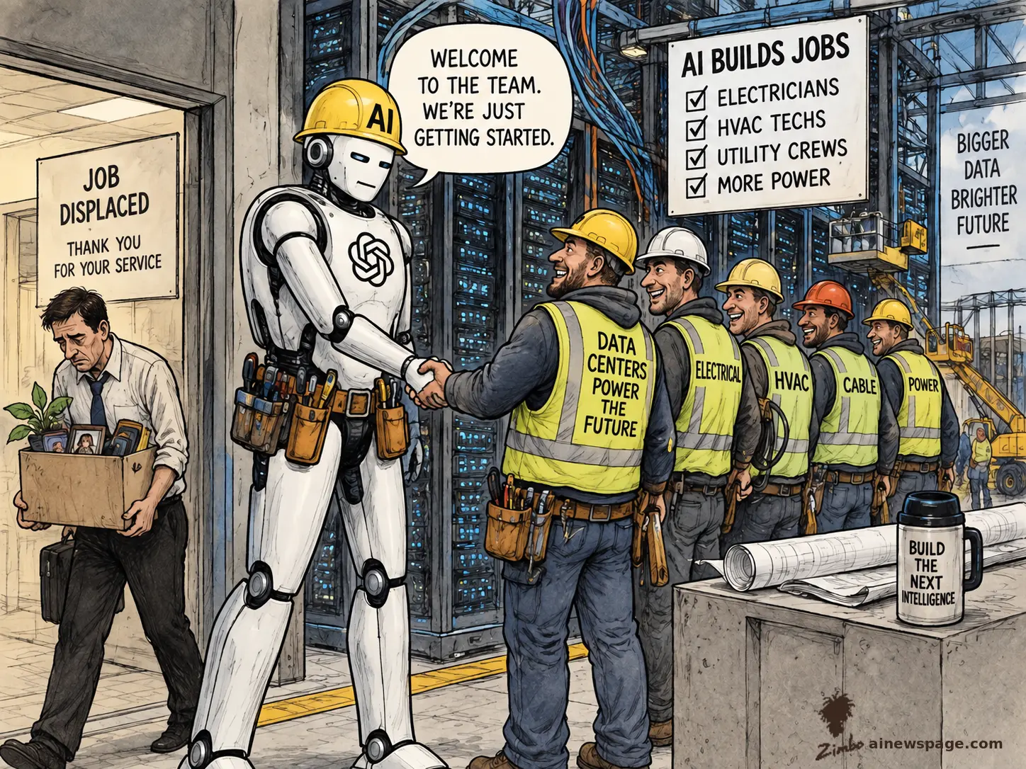 Satirical Zimbo cartoon of an OpenAI-branded construction robot in a hard hat welcoming a line of tradesmen hired to build AI data centers, while a laid-off office worker carries a box out a door marked JOB DISPLACED.