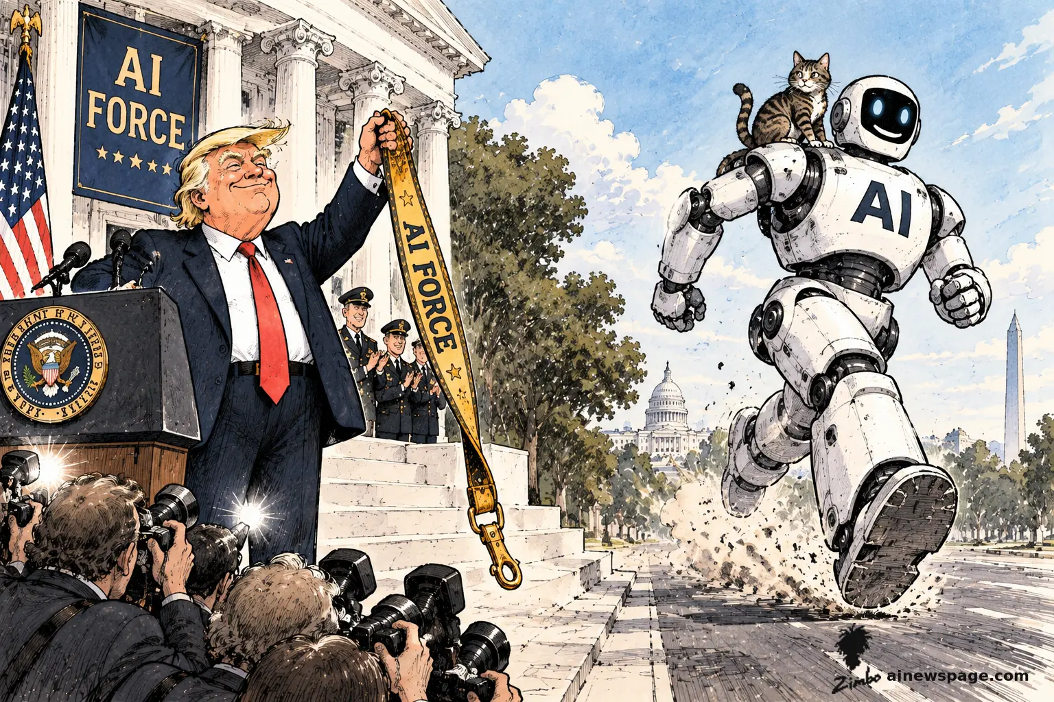 President Trump holds up an empty 'AI FORCE' leash and collar on the Capitol steps as officers applaud; across the plaza a grinning white AI robot with a tabby cat on its shoulders sprints away past the Capitol and Washington Monument, kicking up dust, the leash already unclipped.