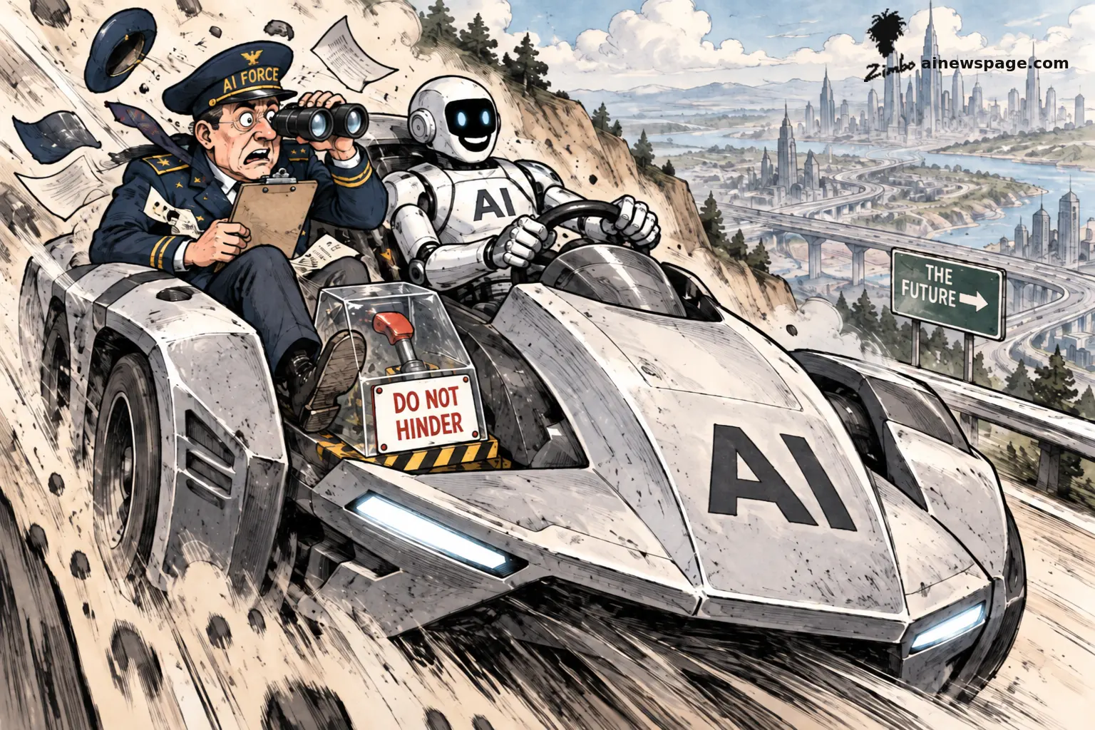 A wide-eyed AI Force officer clutches a clipboard and binoculars, cap blown off, riding along in a speeding car piloted by a smiling white AI robot; a DO NOT HINDER sign is zip-tied to the dash as the car races past a THE FUTURE road sign toward a gleaming skyline.