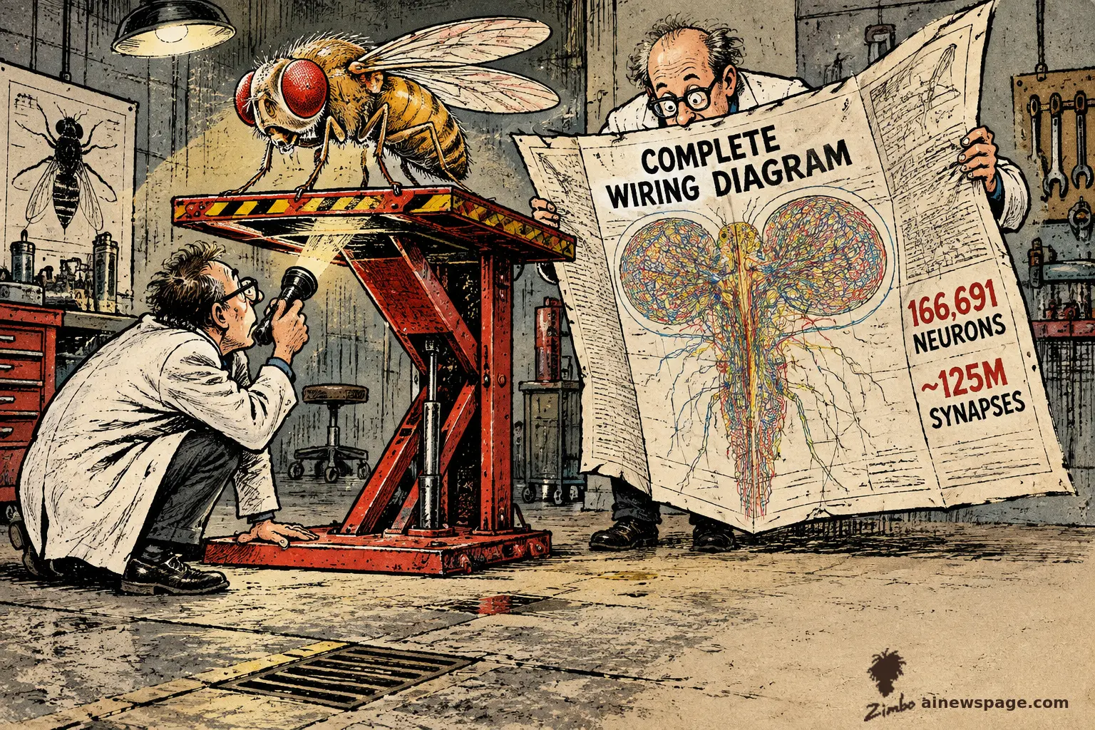 Satirical Zimbo cartoon of a lab scientist shining a flashlight up at a giant fruit fly on a hydraulic lift while a second scientist holds up an oversized readout headlined COMPLETE WIRING DIAGRAM listing 166,691 NEURONS and approximately 125 million synapses.