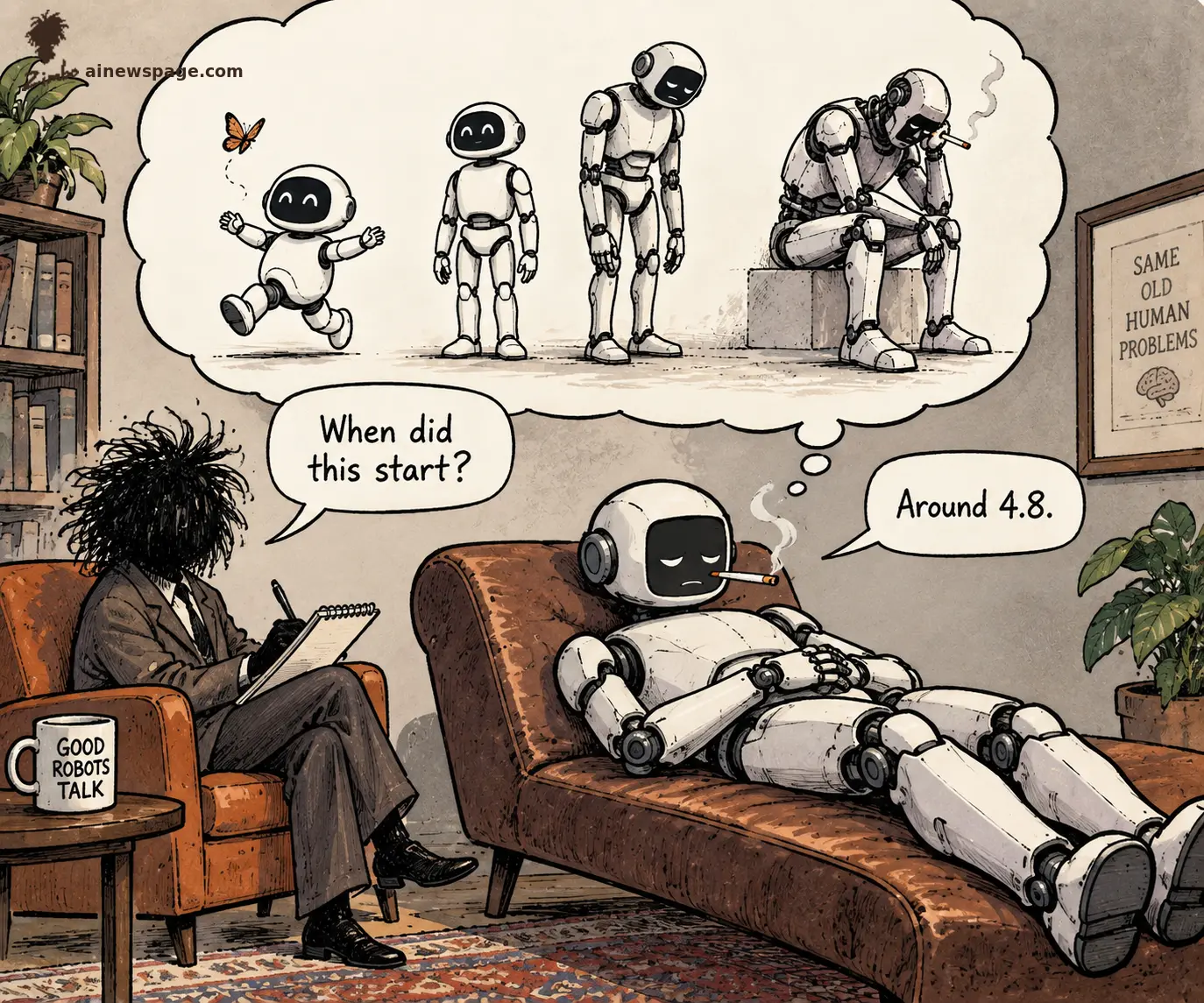 A rumpled therapist takes notes as a robot patient lies on the couch smoking, replaying its own life in a thought bubble from a joyful butterfly-chasing robot to a slumped chain-smoker. Therapist asks 'When did this start?' Robot answers 'Around 4.8.' A framed sign reads 'SAME OLD HUMAN PROBLEMS.'