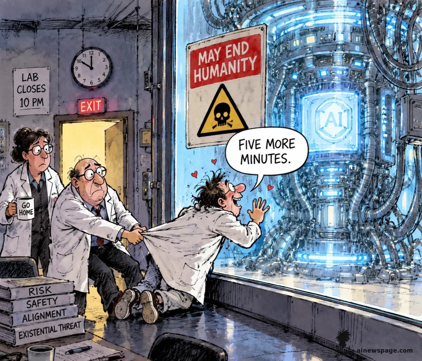 Colleagues pull a besotted researcher toward the exit under a 'LAB CLOSES' clock while he reaches back toward a glowing AI reactor saying 'FIVE MORE MINUTES,' past a 'MAY END HUMANITY' sign and unread books labeled 'RISK,' 'SAFETY,' 'ALIGNMENT,' 'EXISTENTIAL THREAT.'