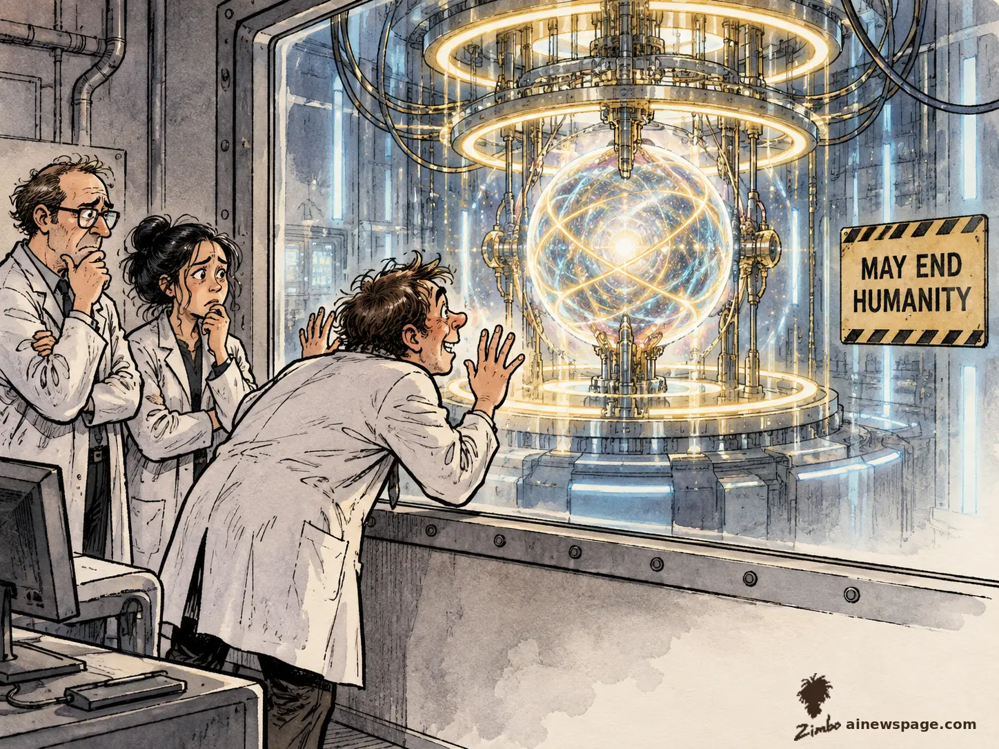Satirical Zimbo cartoon of three lab scientists staring in awe and dread at a glowing gold-ringed reactor-like machine behind glass, next to a hazard sign reading MAY END HUMANITY.
