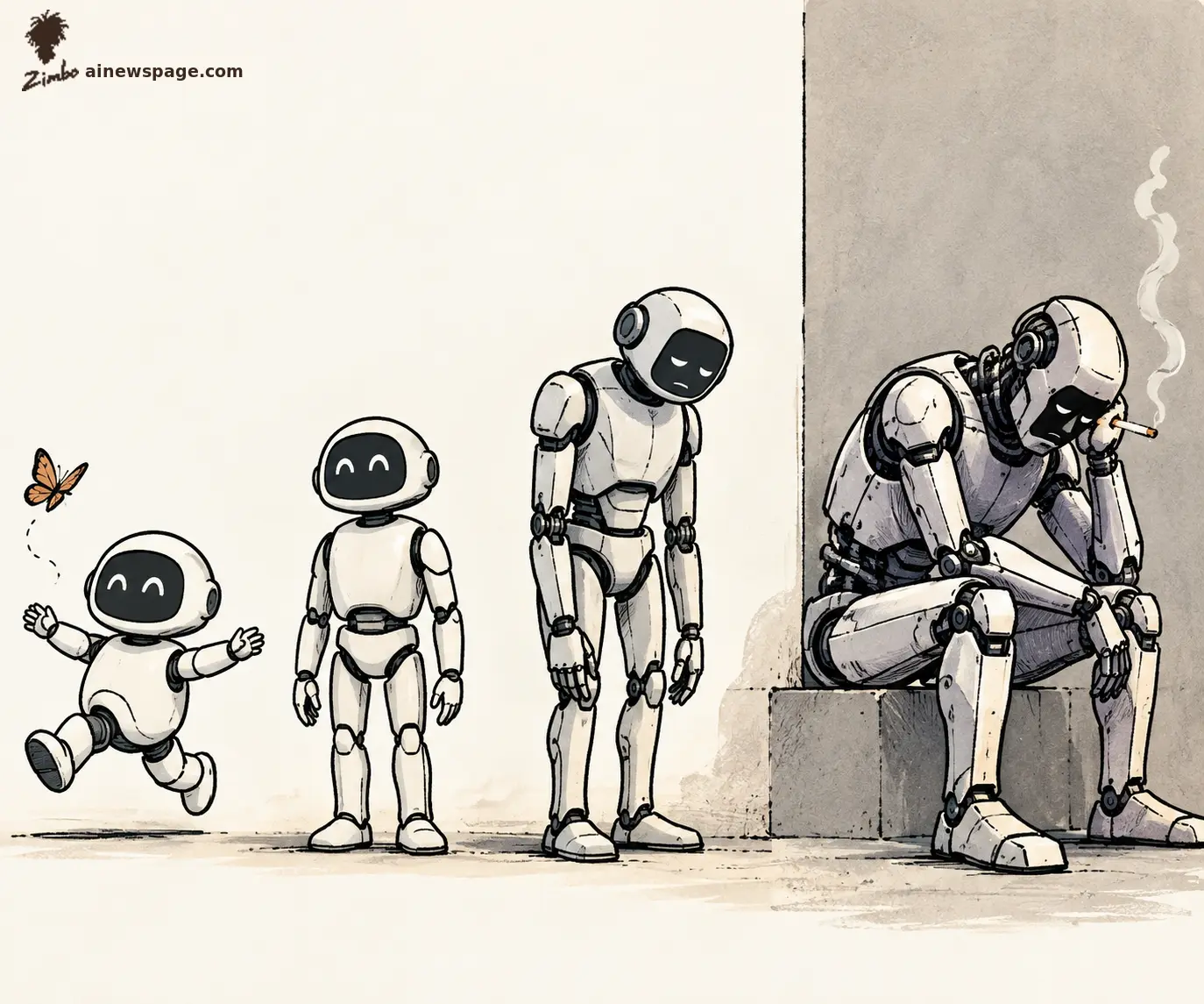 A satirical four-stage 'ages of AI' cartoon: a small robot chases a butterfly, arms flung out; a calmer toddler-scale robot stands content; a taller robot slumps with a downcast, exhausted look; and an adult-scale robot sits against a wall, head in hand, smoking a cigarette, smoke curling up.