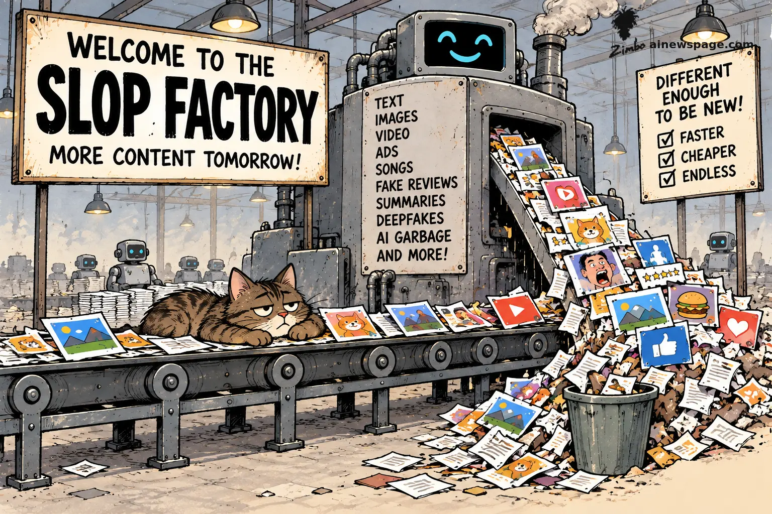A gray robot factory labeled 'WELCOME TO THE SLOP FACTORY' churns out TEXT, IMAGES, VIDEO, ADS, DEEPFAKES, and AI GARBAGE onto a conveyor belt past a bored tabby cat, as the pile of generated content spills into an overflowing trash can under a sign reading 'FASTER, CHEAPER, ENDLESS.'