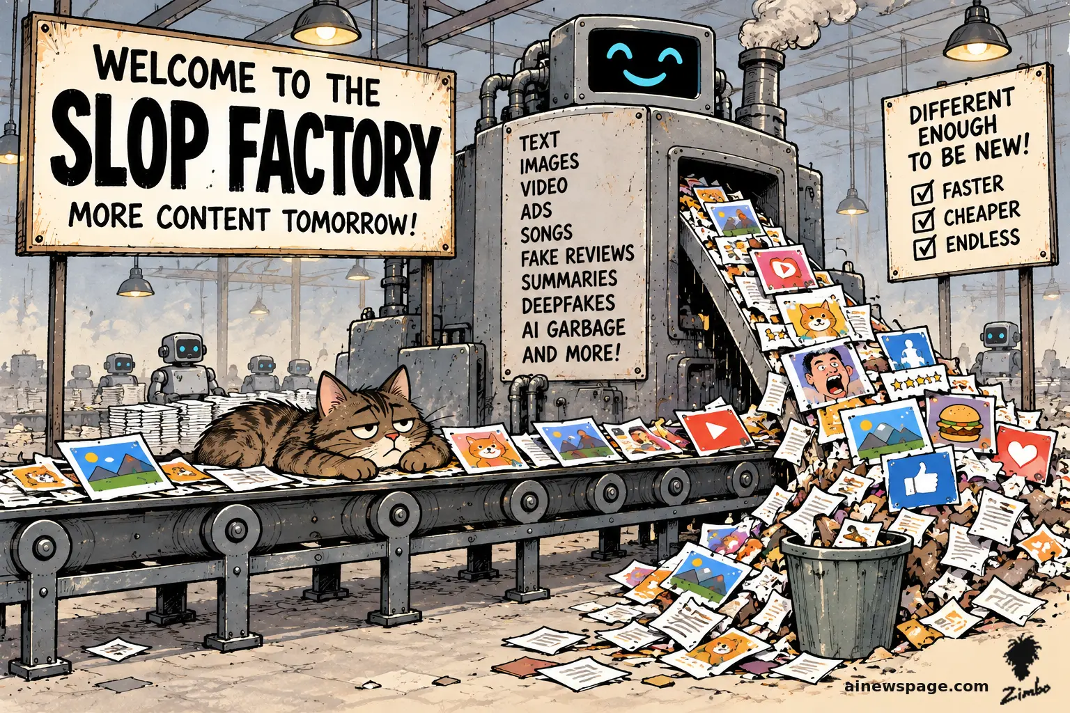 A gray robot factory labeled 'WELCOME TO THE SLOP FACTORY' churns out TEXT, IMAGES, VIDEO, ADS, DEEPFAKES, and AI GARBAGE onto a conveyor belt past a bored tabby cat, as the pile of generated content spills into an overflowing trash can under a sign reading 'FASTER, CHEAPER, ENDLESS.'