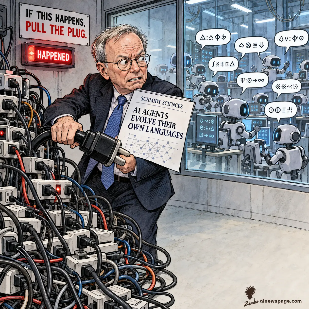 Satirical Zimbo cartoon of a gray-haired executive yanking a plug from power strips under a sign reading IF THIS HAPPENS, PULL THE PLUG, its HAPPENED light lit, holding a paper headlined SCHMIDT SCIENCES AI AGENTS EVOLVE THEIR OWN LANGUAGES, as robots behind glass speak in unreadable glyphs.