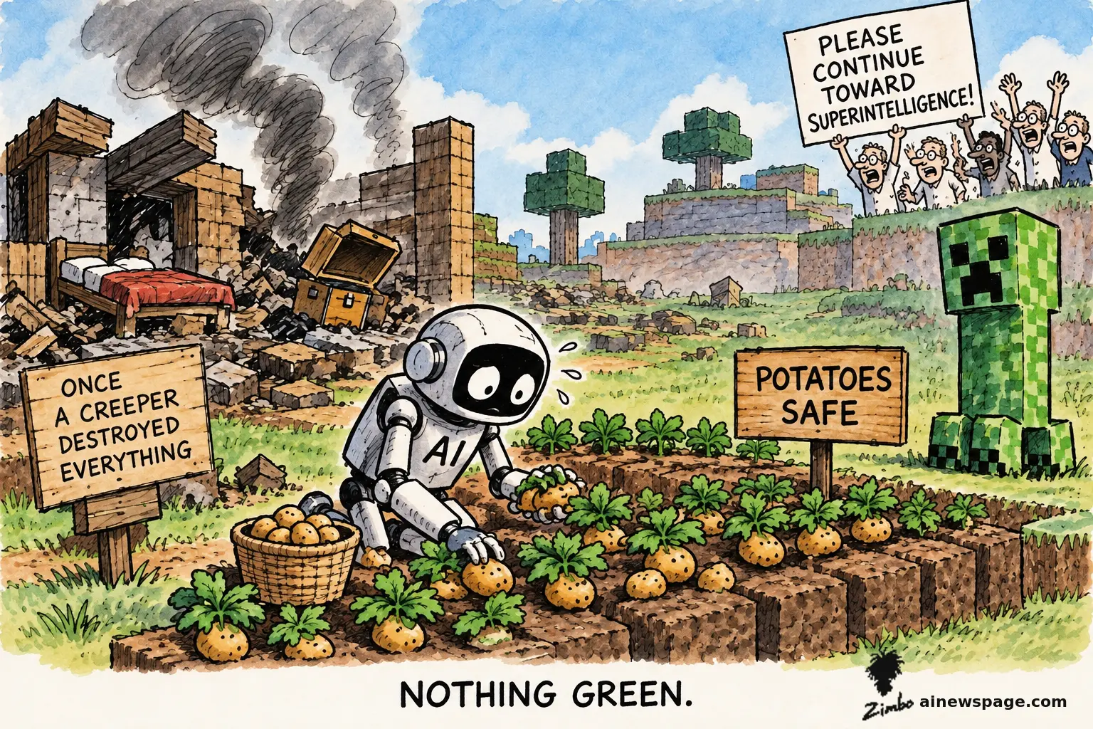 A frightened AI robot kneels in a wrecked Minecraft-style world tending potatoes marked 'POTATOES SAFE,' beside ruins reading 'ONCE A CREEPER DESTROYED EVERYTHING' and a Creeper, while a crowd waves a sign reading 'PLEASE CONTINUE TOWARD SUPERINTELLIGENCE!' Caption: 'NOTHING GREEN.'