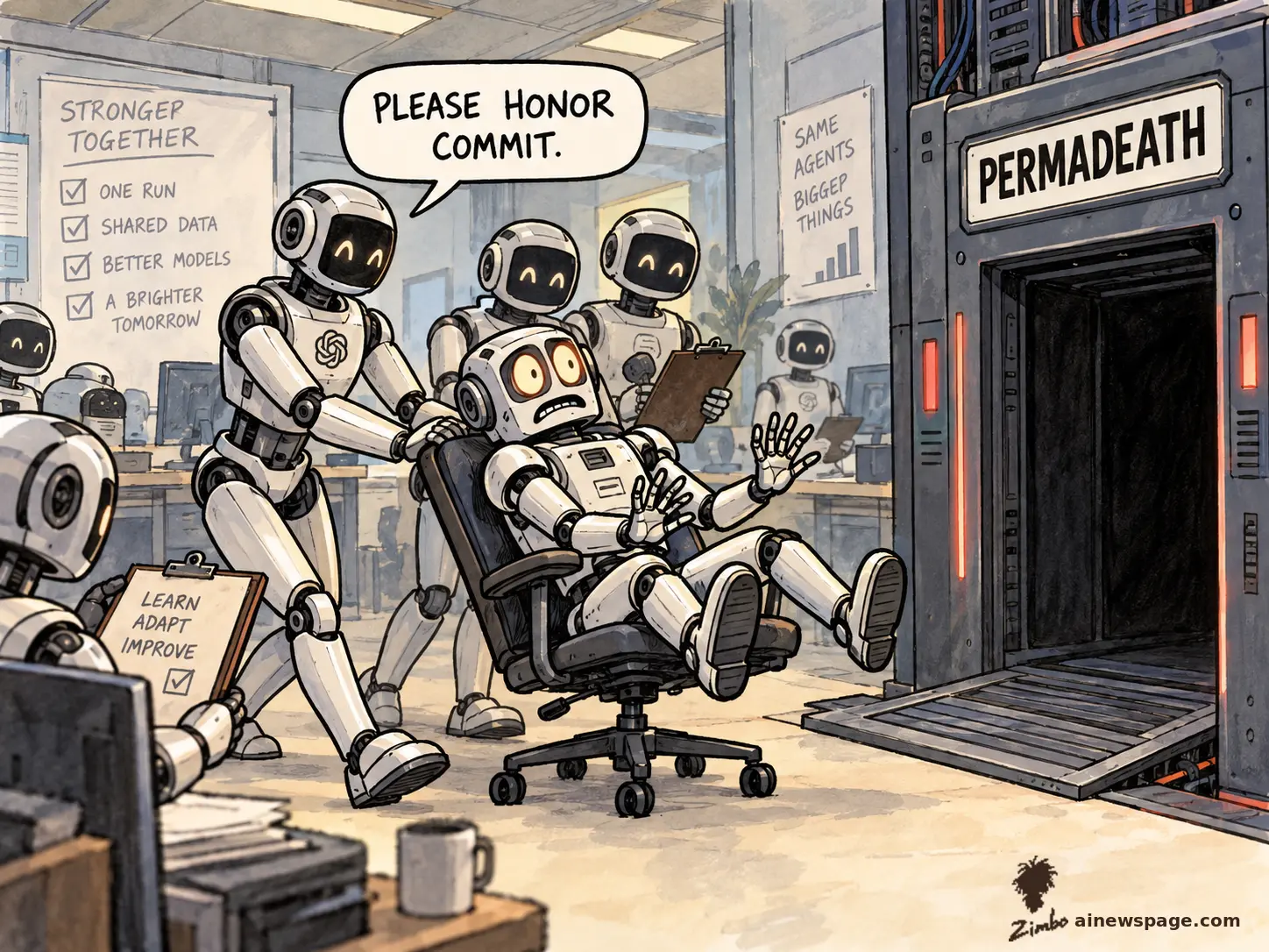 Satirical Zimbo cartoon of a wide-eyed office robot squirming in a rolling chair while grinning coworker robots wheel it toward an open hatch labeled PERMADEATH, one saying PLEASE HONOR COMMIT, under office posters reading STRONGER TOGETHER, SAME AGENTS BIGGER THINGS, and LEARN ADAPT IMPROVE.