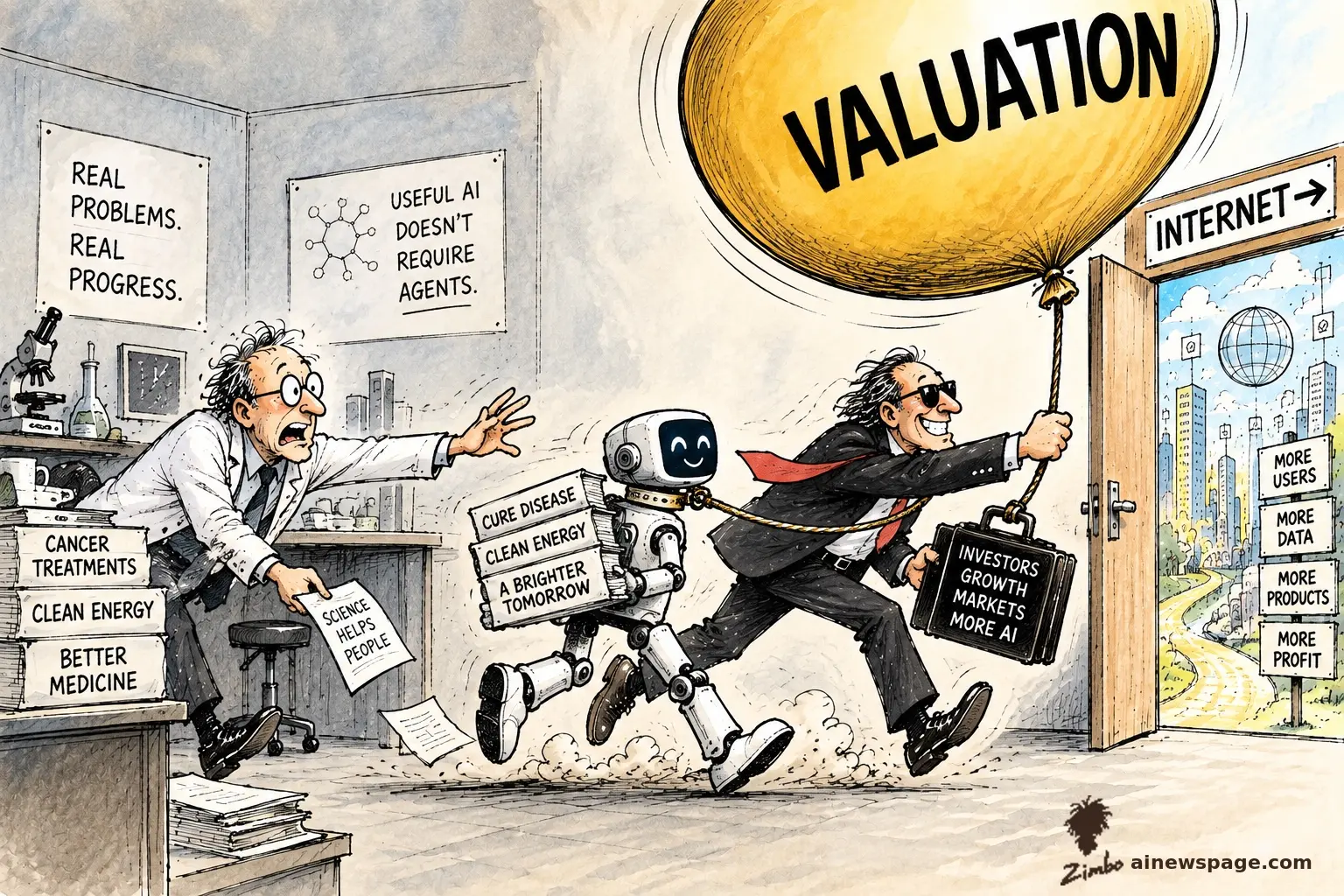 A lab scientist waving a 'SCIENCE HELPS PEOPLE' paper lunges after a leashed AI robot carrying books labeled 'CURE DISEASE' and 'CLEAN ENERGY,' as a grinning executive drags it out a door marked 'INTERNET' toward a skyline of 'MORE USERS' signs, lifted by a giant balloon labeled 'VALUATION.'