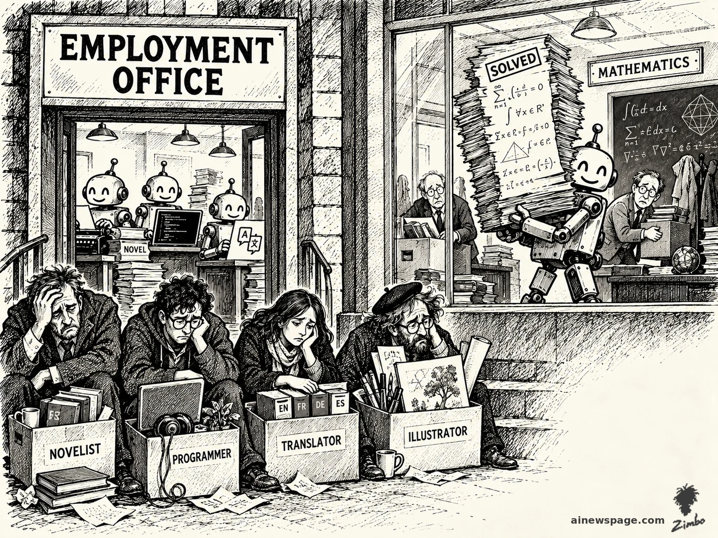 Satirical Zimbo cartoon of a laid-off novelist, programmer, translator, and illustrator sitting dejected outside an EMPLOYMENT OFFICE staffed by smiling AI robots; next door, a smiling AI robot carries freshly 'SOLVED' math proofs past a defeated professor under a MATHEMATICS sign.