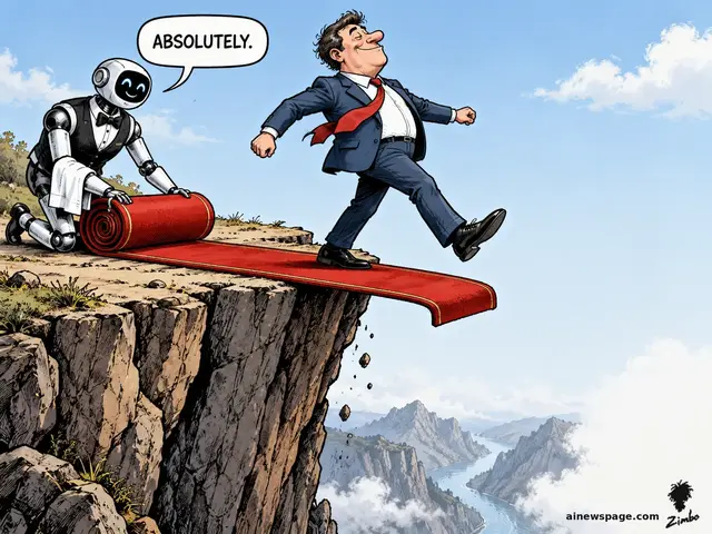 Satirical Zimbo cartoon: a smiling white robot butler in a bow tie kneels and unrolls a red carpet off the edge of a cliff, saying "ABSOLUTELY," as a grinning businessman in a suit strides confidently onto the carpet and off the precipice, rocks tumbling into a river valley far below.