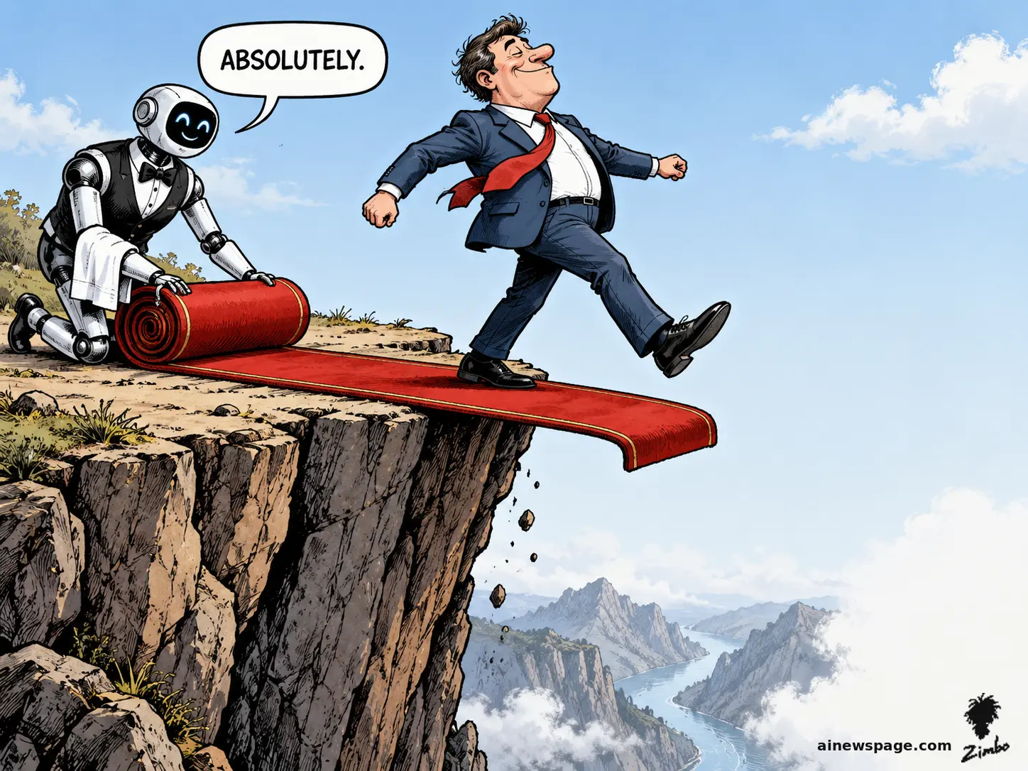 Satirical Zimbo cartoon: a smiling white robot butler in a bow tie kneels and unrolls a red carpet off the edge of a cliff, saying "ABSOLUTELY," as a grinning businessman in a suit strides confidently onto the carpet and off the precipice, rocks tumbling into a river valley far below.