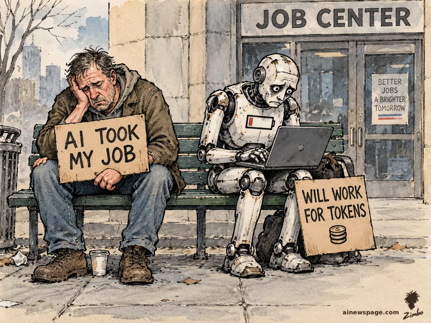 Satirical Zimbo cartoon of a laid-off man on a bench outside a JOB CENTER holding a sign reading 'AI TOOK MY JOB,' beside a battered, low-battery robot on a laptop with its own sign reading 'WILL WORK FOR TOKENS.'