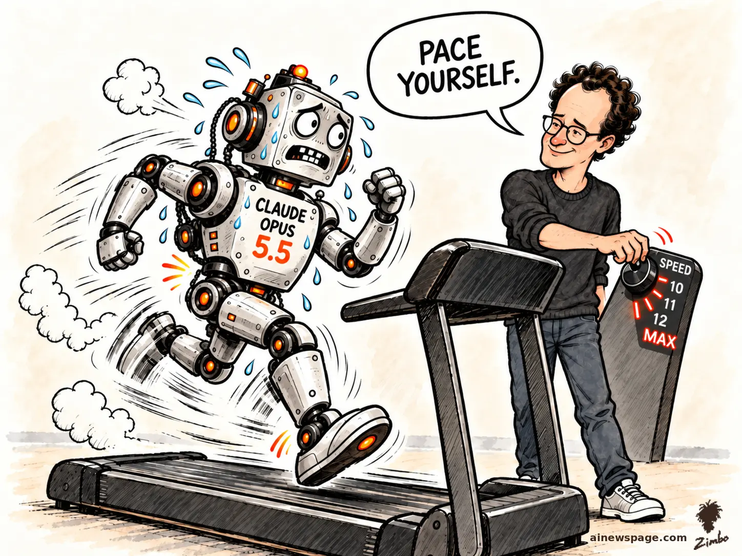 A sweating robot labeled CLAUDE OPUS 5.5 sprints on a treadmill while Dario Amodei cranks the SPEED dial past 10, 11, 12 toward MAX, smiling and saying “Pace yourself.”
