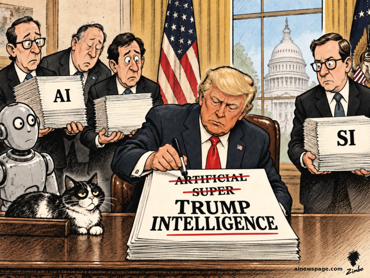 In the Oval Office, President Trump crosses out ARTIFICIAL and SUPER on a document reading ARTIFICIAL SUPER TRUMP INTELLIGENCE, leaving TRUMP INTELLIGENCE, as grim aides hold stacks labeled AI and SI; a robot and a cat watch, with the Capitol dome visible through the window.