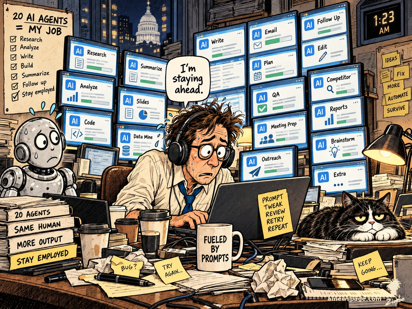 An exhausted worker at 1:23 AM runs a wall of AI-agent monitors labeled Research, Write, Code, QA and more, saying “I'm staying ahead” beside a sweating robot and a grumpy cat, under a sign reading 20 AI AGENTS = MY JOB.