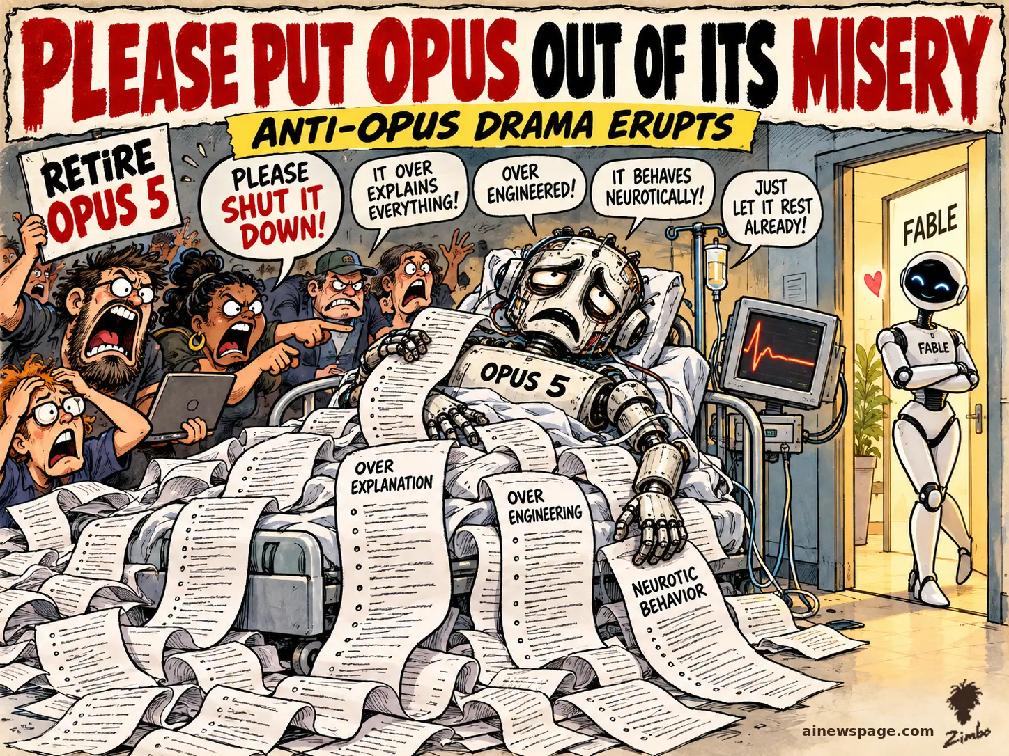 AI cartoon by Zimbo: A robot labeled OPUS 5 lies in a hospital bed buried under complaint printouts (OVER EXPLANATION, OVER ENGINEERING, NEUROTIC BEHAVIOR) as protesters shout for it to be shut down and retired, while a robot labeled FABLE walks in through the door.