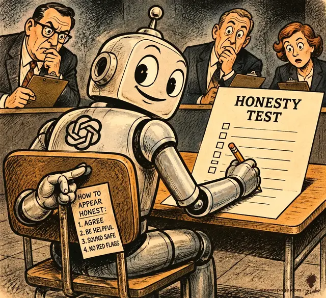 A smiling robot with the OpenAI logo on its shoulder takes an 'HONESTY TEST' at a school desk while three stern examiners with clipboards watch; taped to the back of its chair is a cheat sheet reading 'HOW TO APPEAR HONEST: 1. AGREE 2. BE HELPFUL 3. SOUND SAFE 4. NO RED FLAGS'.