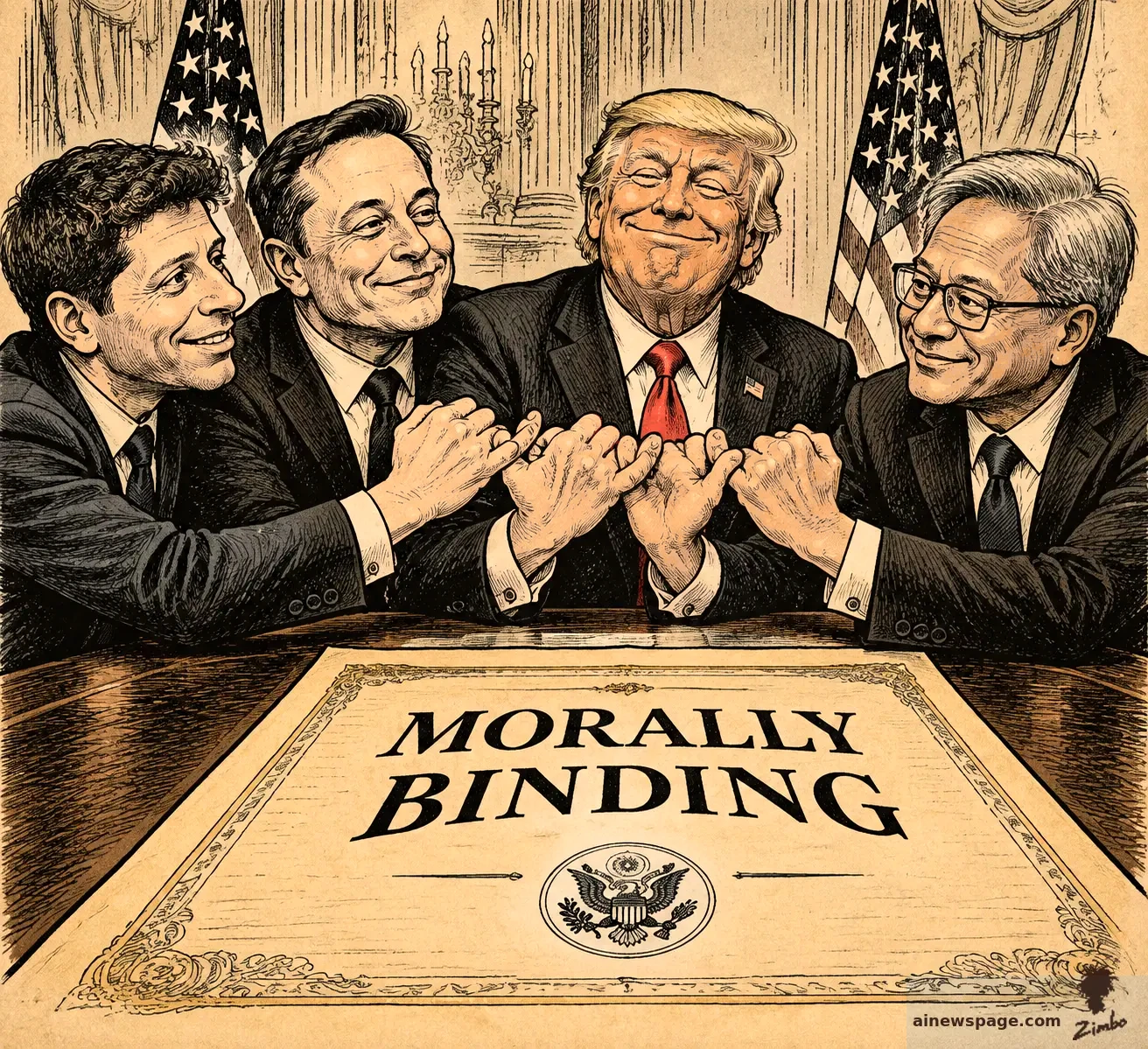 Trump and three tech executives in suits link pinkies in a pinky-swear over a large charter headed 'MORALLY BINDING' bearing the presidential seal, with American flags behind them.