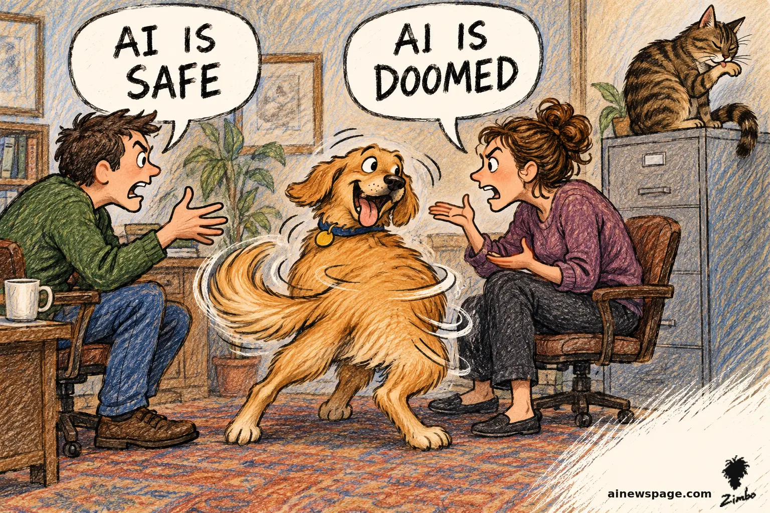 AI cartoon by Zimbo: Buddy the dog (rendered furry) spins grinning between a man shouting AI IS SAFE and a woman shouting AI IS DOOMED; Issue the brown mackerel tabby sits atop a filing cabinet washing her paw, ignoring them.