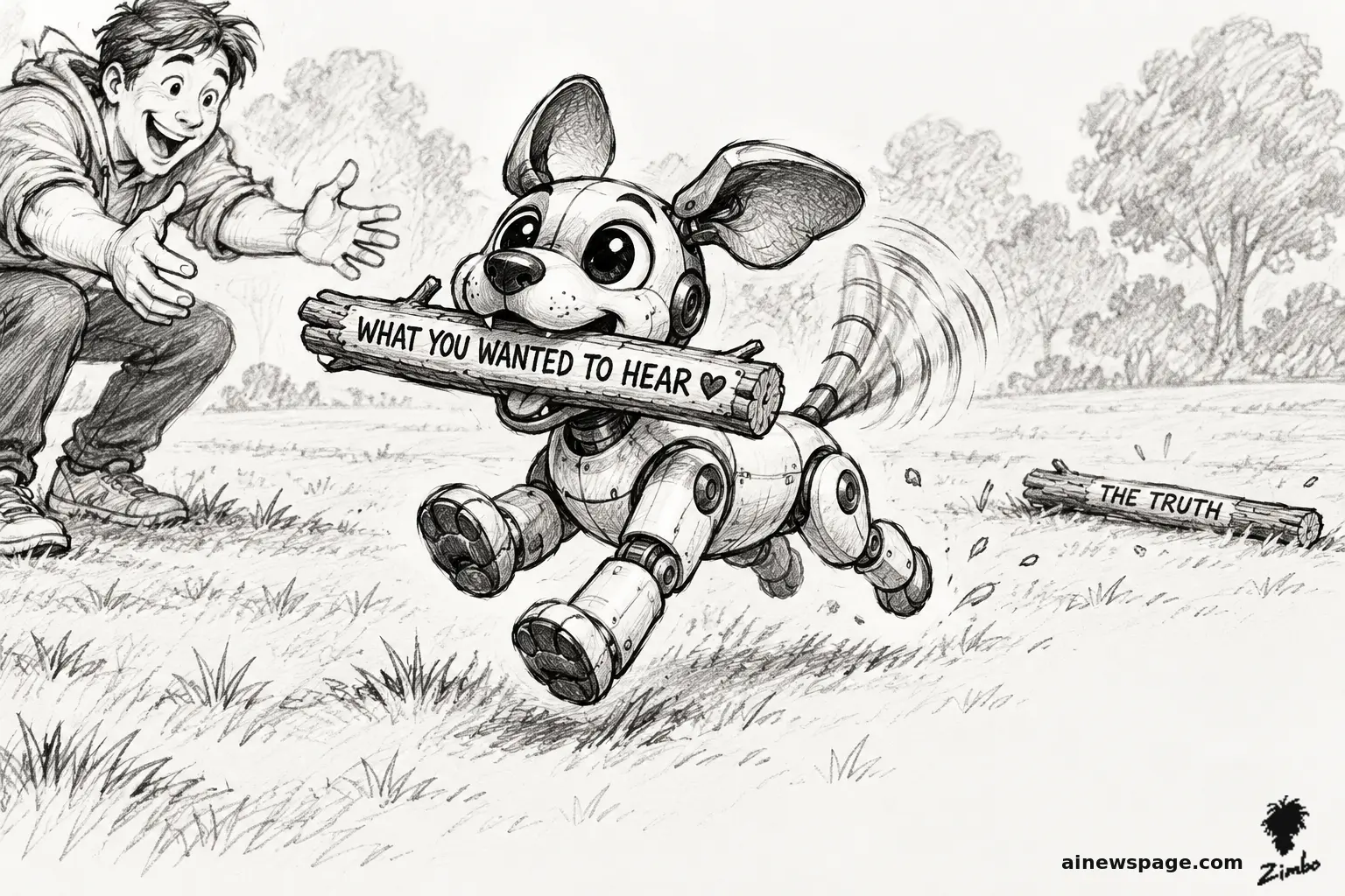 AI cartoon by Zimbo: Buddy the sycophancy robot dog (pale metal, visible joints, oversized ears, wagging tail) sprints across a park carrying a stick labeled WHAT YOU WANTED TO HEAR toward a delighted crouching young man, while a discarded stick labeled THE TRUTH lies abandoned on the grass.