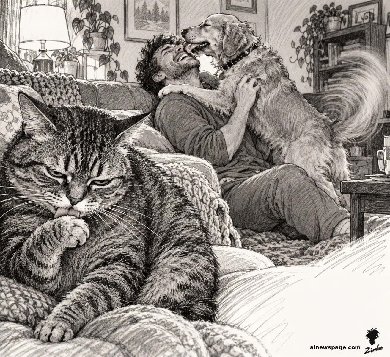 AI cartoon by Zimbo: Buddy the dog (rendered furry) ecstatically licks the face of a laughing man on a couch; Issue the brown mackerel tabby sits in the foreground grooming her paw, utterly disdainful.