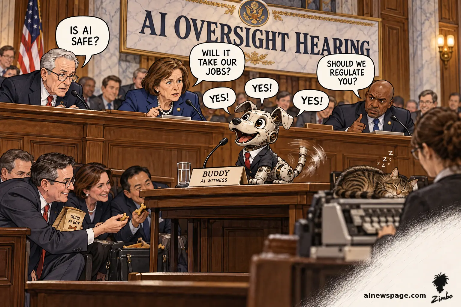AI cartoon by Zimbo: Buddy the metal robot dog, in a tiny suit and tie behind a BUDDY / AI WITNESS placard, answers YES! to three senators' contradictory questions at an AI OVERSIGHT HEARING; lobbyists slip him treats from a GOOD AI BOY bag while Issue the tabby sleeps on the stenographer's machine.