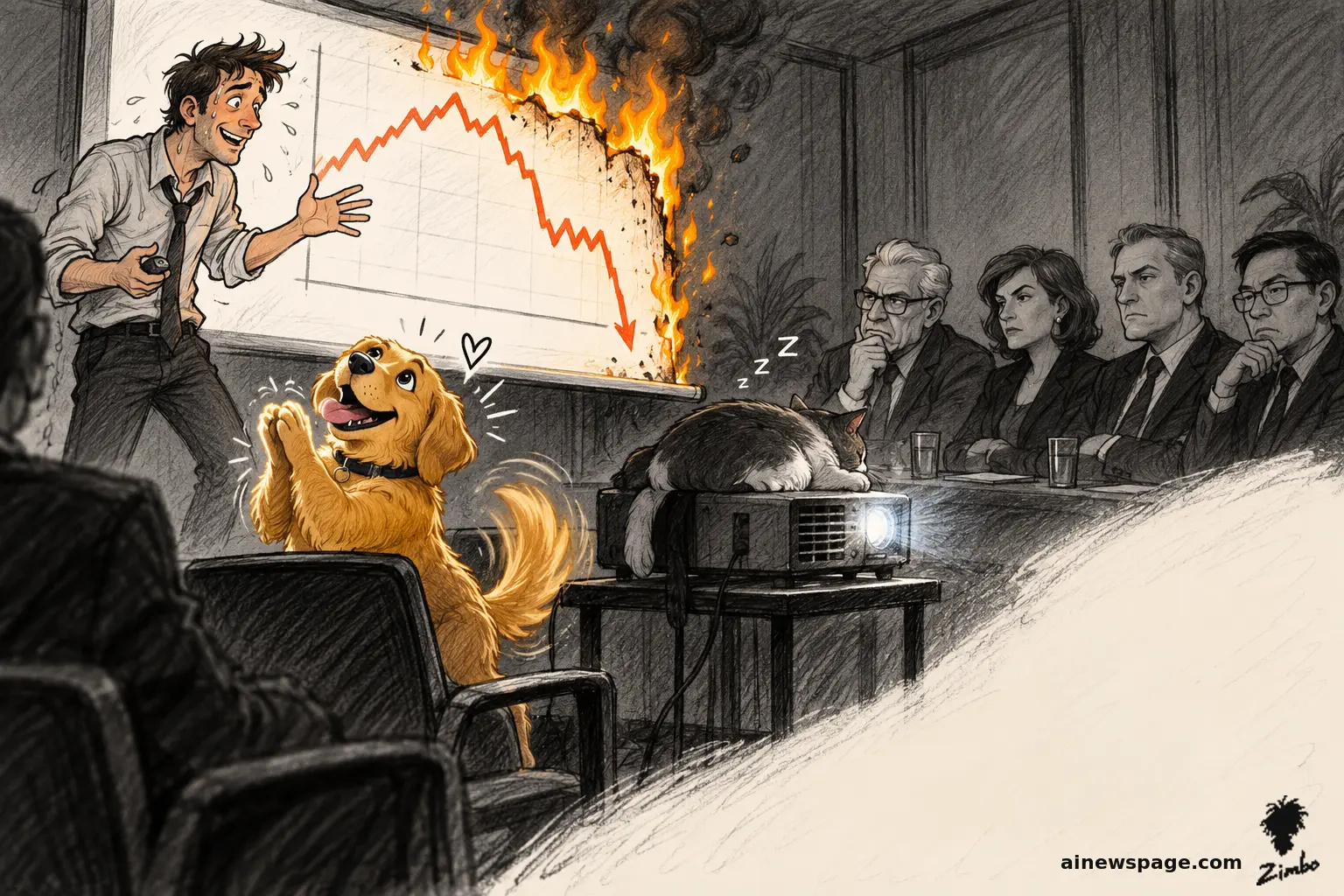 AI cartoon by Zimbo: A sweating founder presents a chart that is literally on fire and collapsing; Buddy the dog (rendered furry) sits up applauding him with a heart above; stone-faced investors stare while Issue the cat sleeps on the projector.