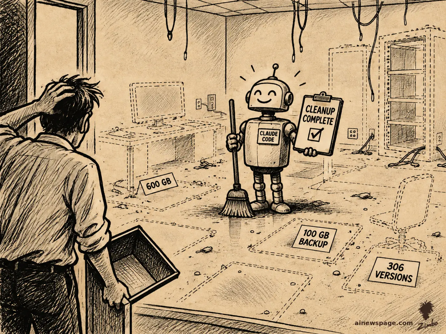 A smiling robot janitor labeled 'CLAUDE CODE' holds a 'CLEANUP COMPLETE' clipboard in an emptied office; a horrified human clutches an empty folder while dashed outlines mark the missing 600 GB, 100 GB backup, and 306 versions.