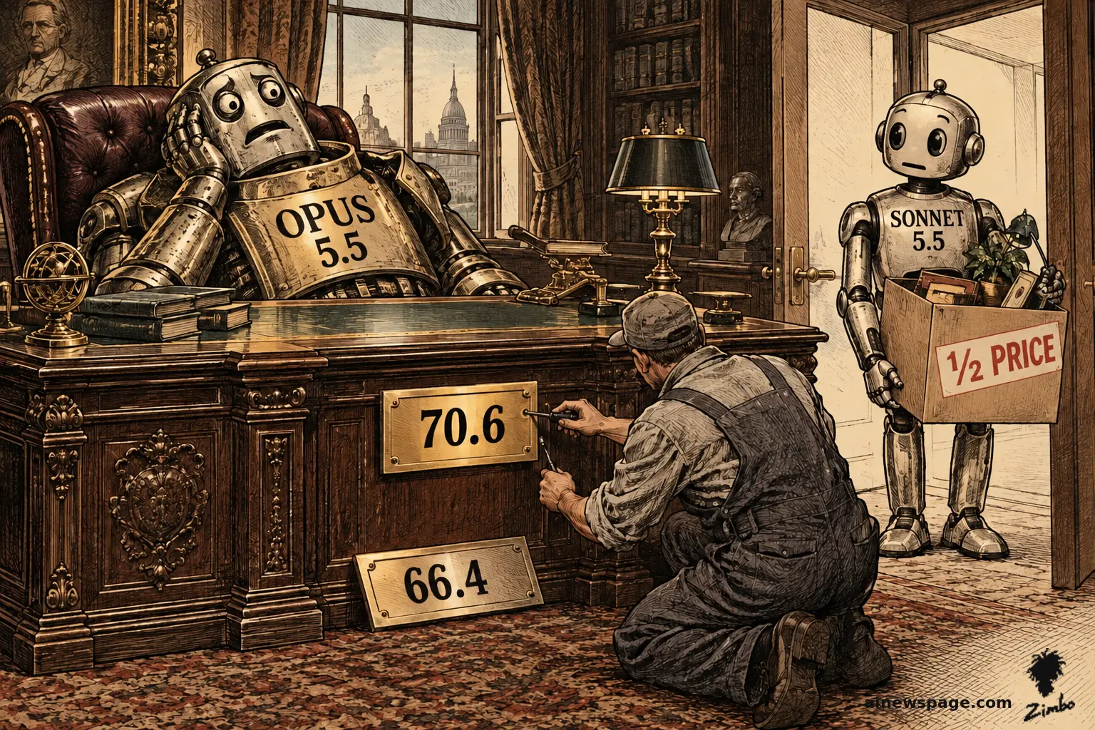 AI cartoon by Zimbo: Satirical cartoon: a slumping robot labeled OPUS 5.5 sits behind a grand office desk while a workman unscrews the "70.6" plaque from the desk front (a "66.4" plaque rests below) and a second robot labeled SONNET 5.5 walks in carrying a moving box stamped "1/2 PRICE".