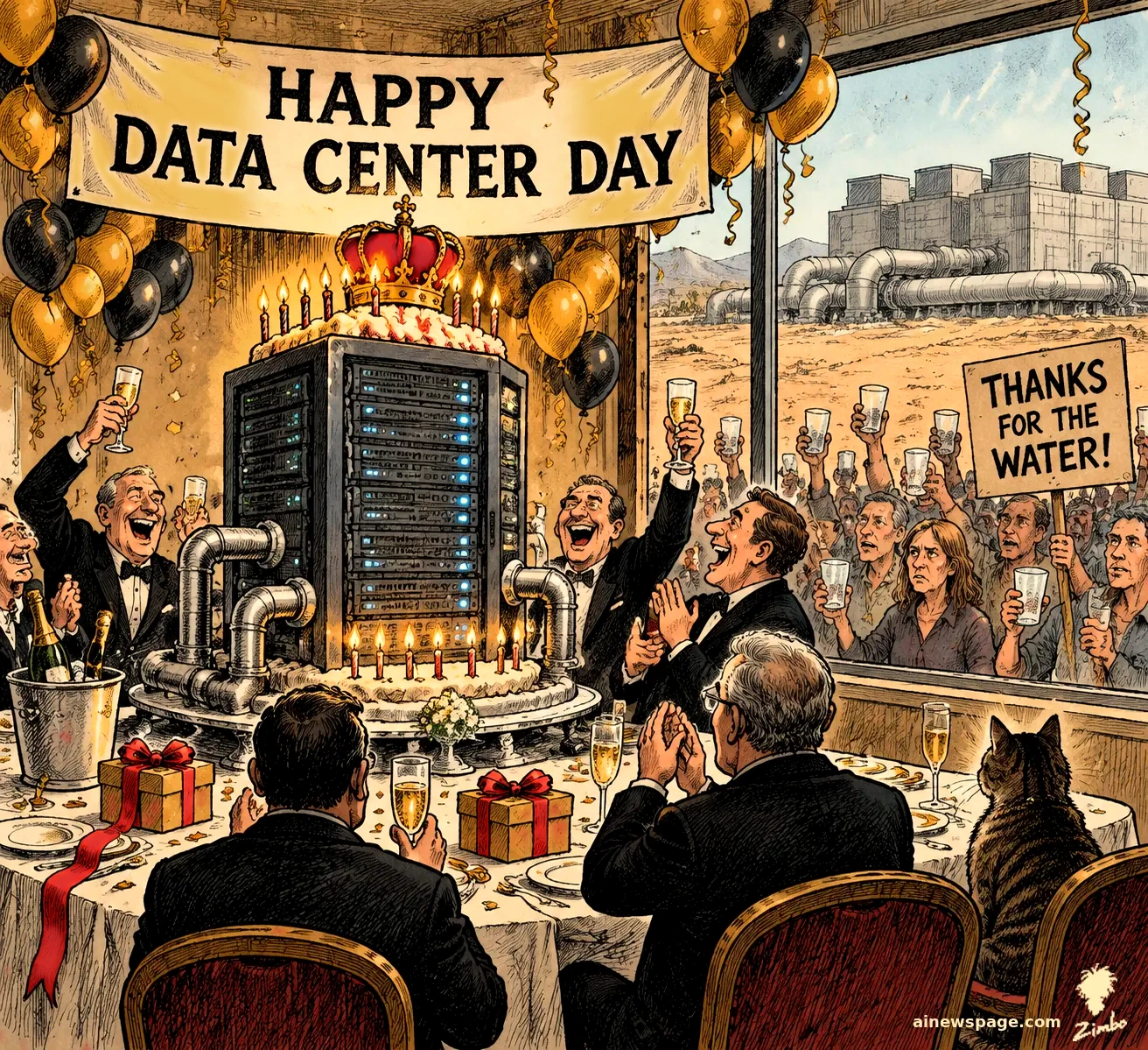 A crowned server rack with a birthday cake and lit candles celebrates under a banner reading 'HAPPY DATA CENTER DAY' while executives toast with champagne and protesters outside the window hold a sign reading 'THANKS FOR THE WATER!'.