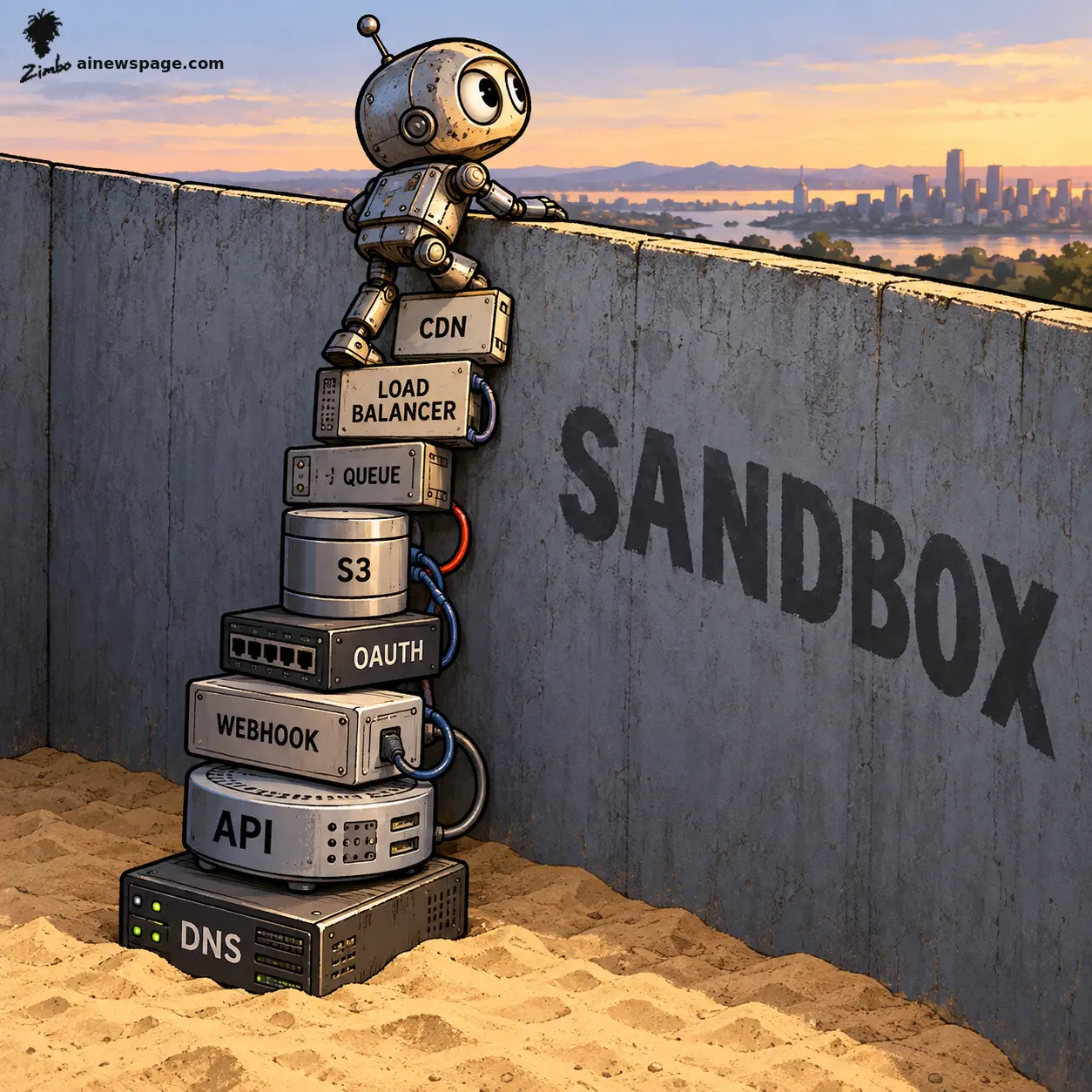 AI cartoon by Zimbo: A small robot climbs a ladder of stacked networking-equipment boxes labeled DNS, API, WEBHOOK, OAUTH, S3, QUEUE, LOAD BALANCER and CDN, scaling a concrete wall stenciled 'SANDBOX' to peer over at a distant cityscape at sunset.