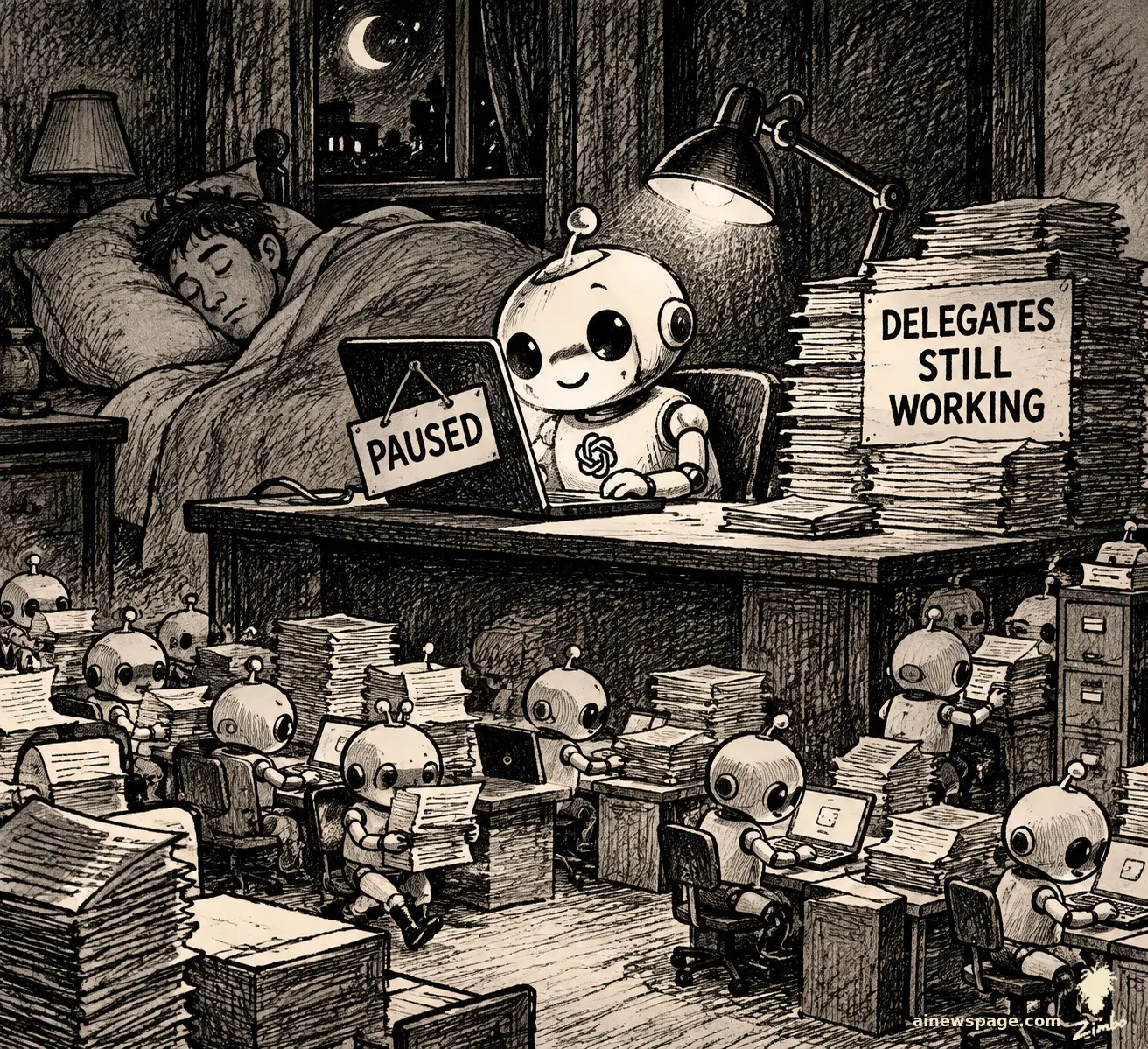 A small round robot works at a laptop at 3AM with a PAUSED sign hanging on it while its owner sleeps in bed behind; beneath the desk dozens of tiny delegate robots keep working at laptops among towering paper stacks, under a placard reading DELEGATES STILL WORKING.