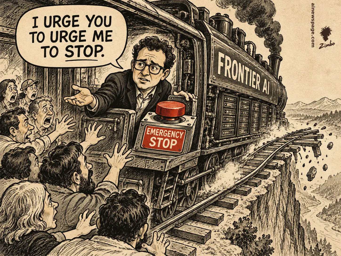 AI cartoon by Zimbo: Satirical cartoon: Dario Amodei leans from a runaway FRONTIER AI train heading off a broken cliff track, hand on a red EMERGENCY STOP button, saying 'I URGE YOU TO URGE ME TO STOP.'