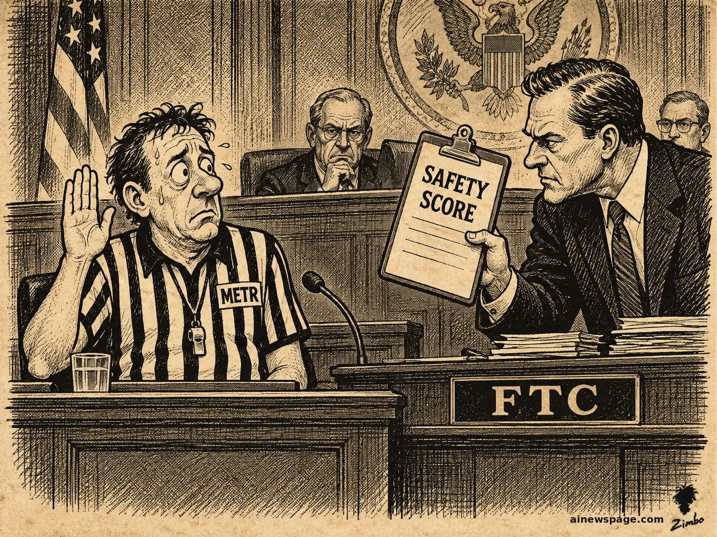AI cartoon by Zimbo: Satirical cartoon: a sweating referee labeled METR sits at a witness stand, hand raised, while an FTC interrogator holds up the referee's own 'SAFETY SCORE' clipboard as evidence.